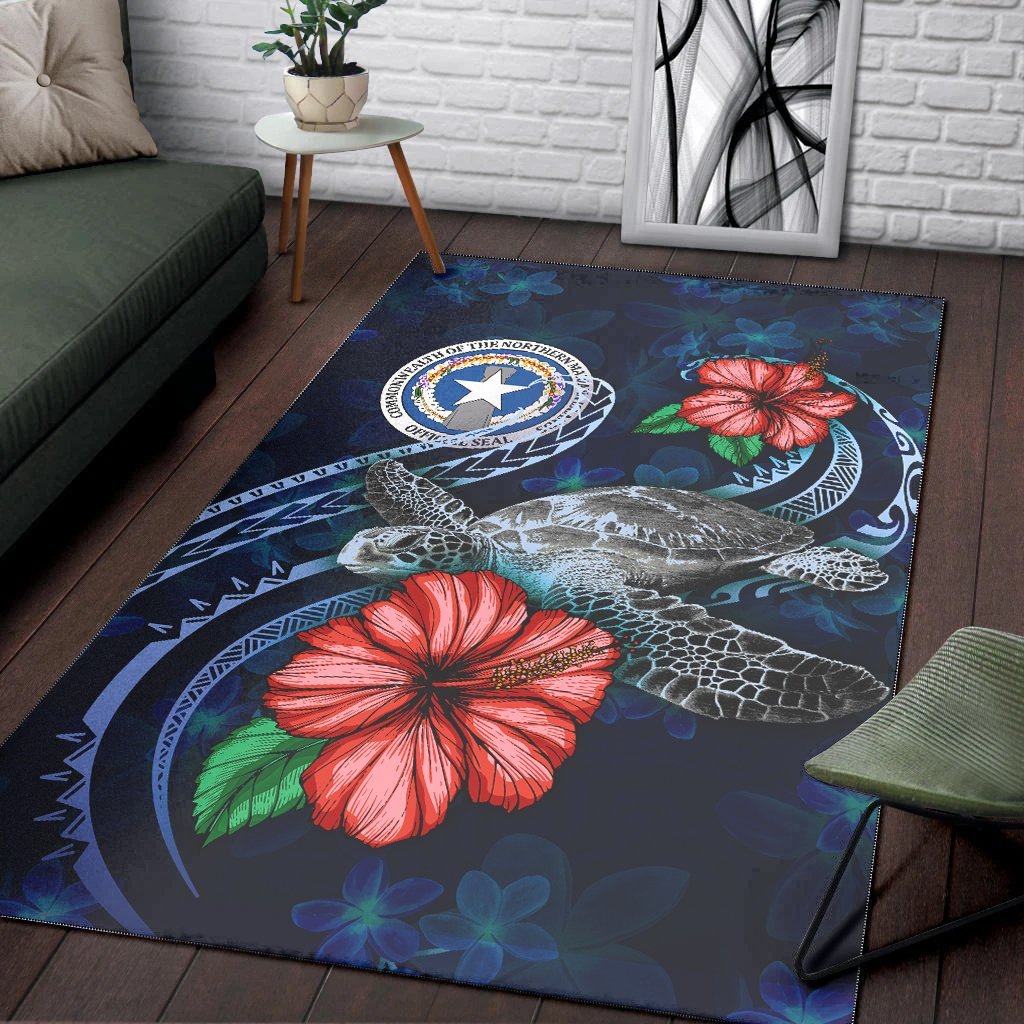 Northern Mariana Islands Polynesian Area Rug - Blue Turtle Hibiscus - Vibe Hoodie Shop