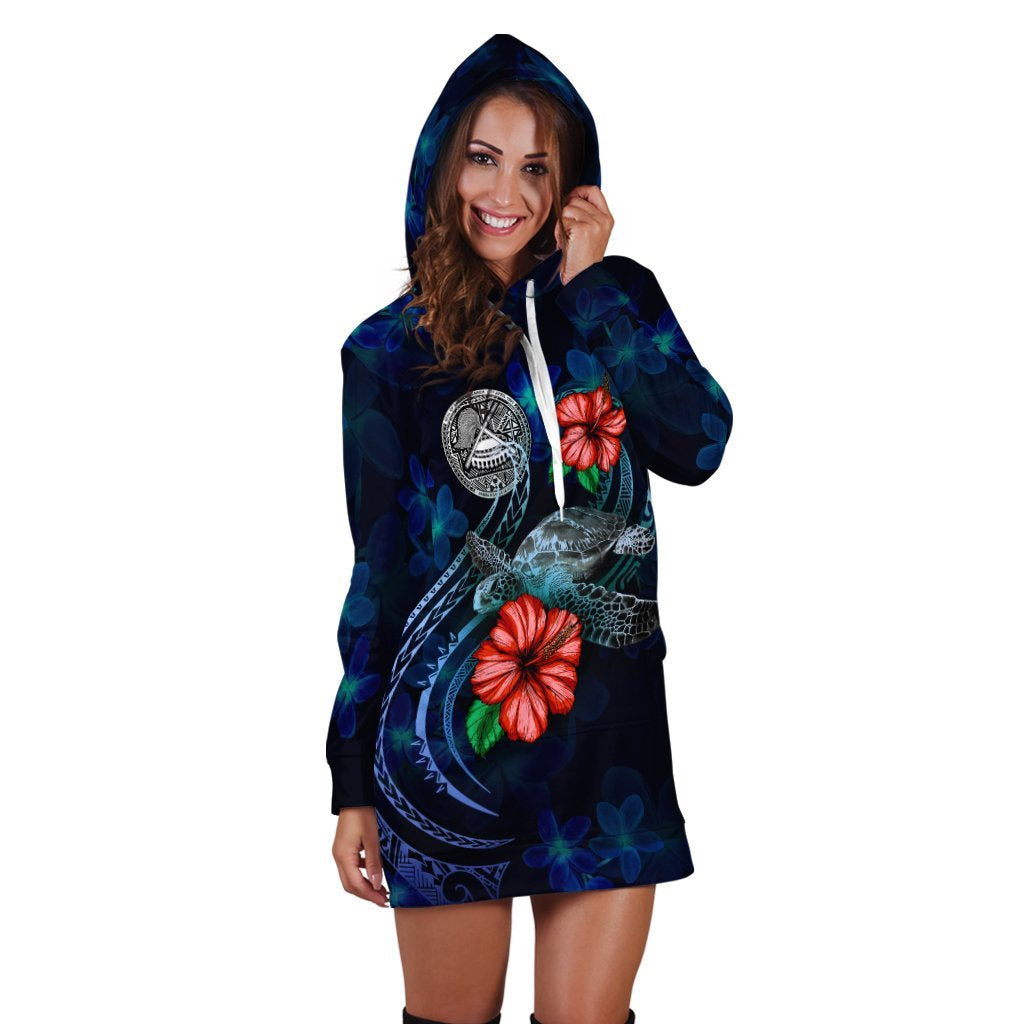 American Samoa Polynesian Hoodie Dress - Blue Turtle Hibiscus - Vibe Hoodie Shop