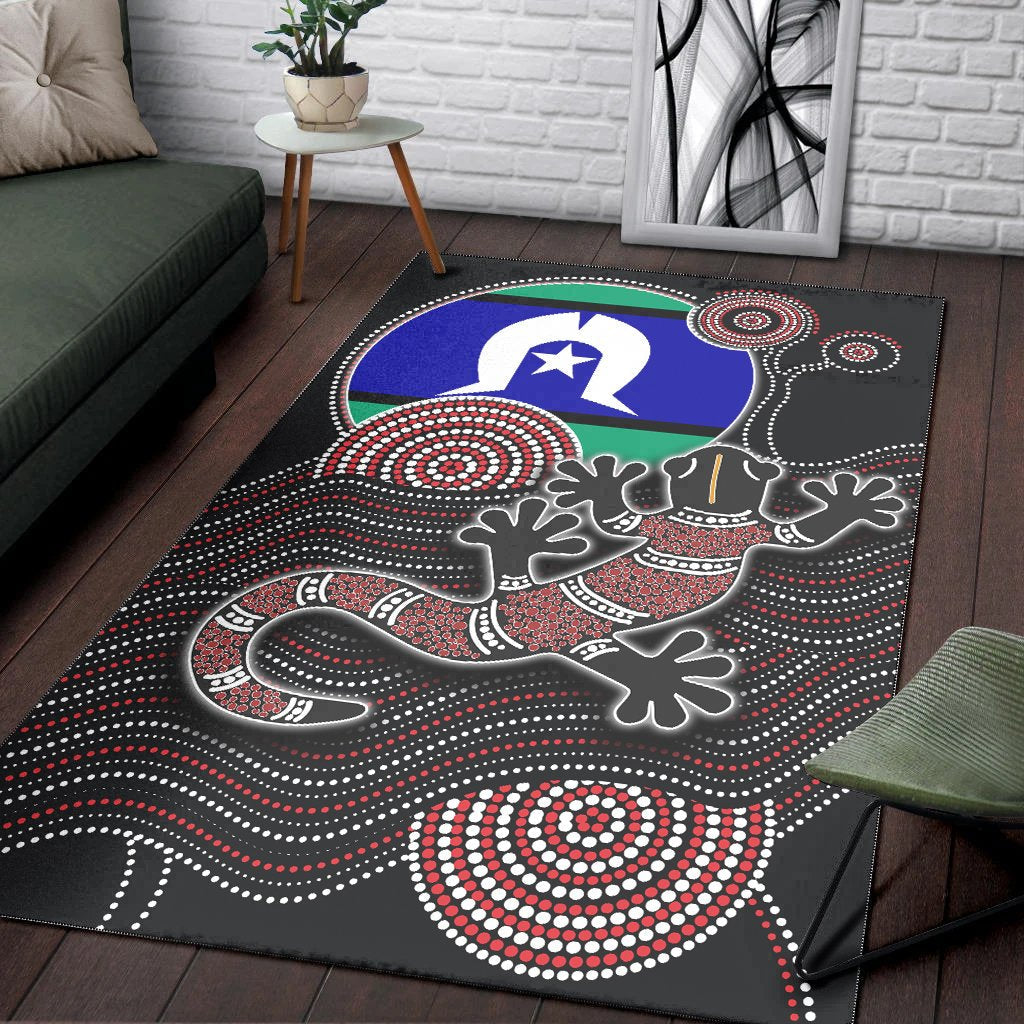 Aboriginal Area Rug - Aboriginal Gecko with Torres Strait Islanders Flag - Vibe Hoodie Shop