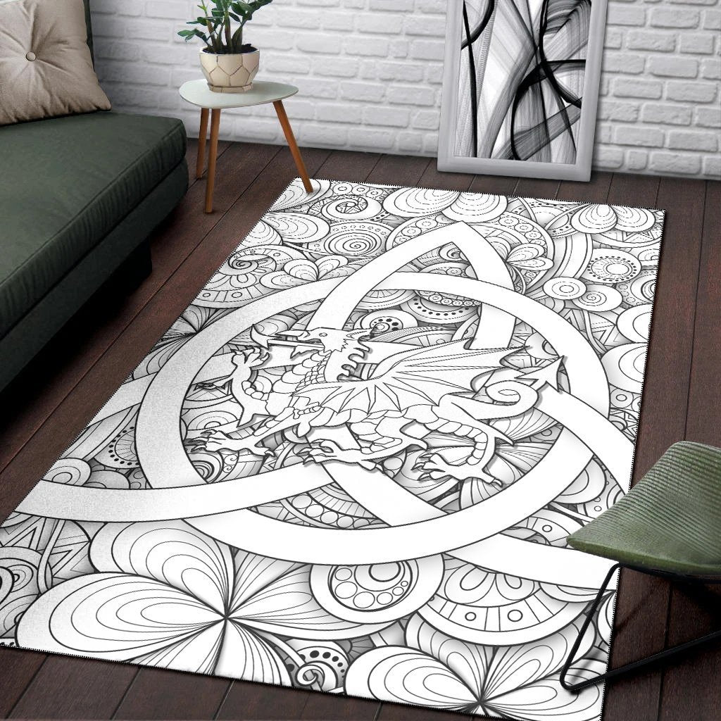 Celtic Wales Area Rug - Dragon White Wales With Triquetra Celtic Symbol - Vibe Hoodie Shop