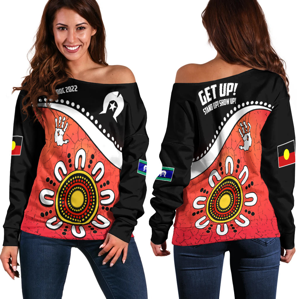 NAIDOC Week 2022 Women Off Shoulder Sweater Torres Strait Islanders Version Red Aboriginal The Dhari - Vibe Hoodie Shop