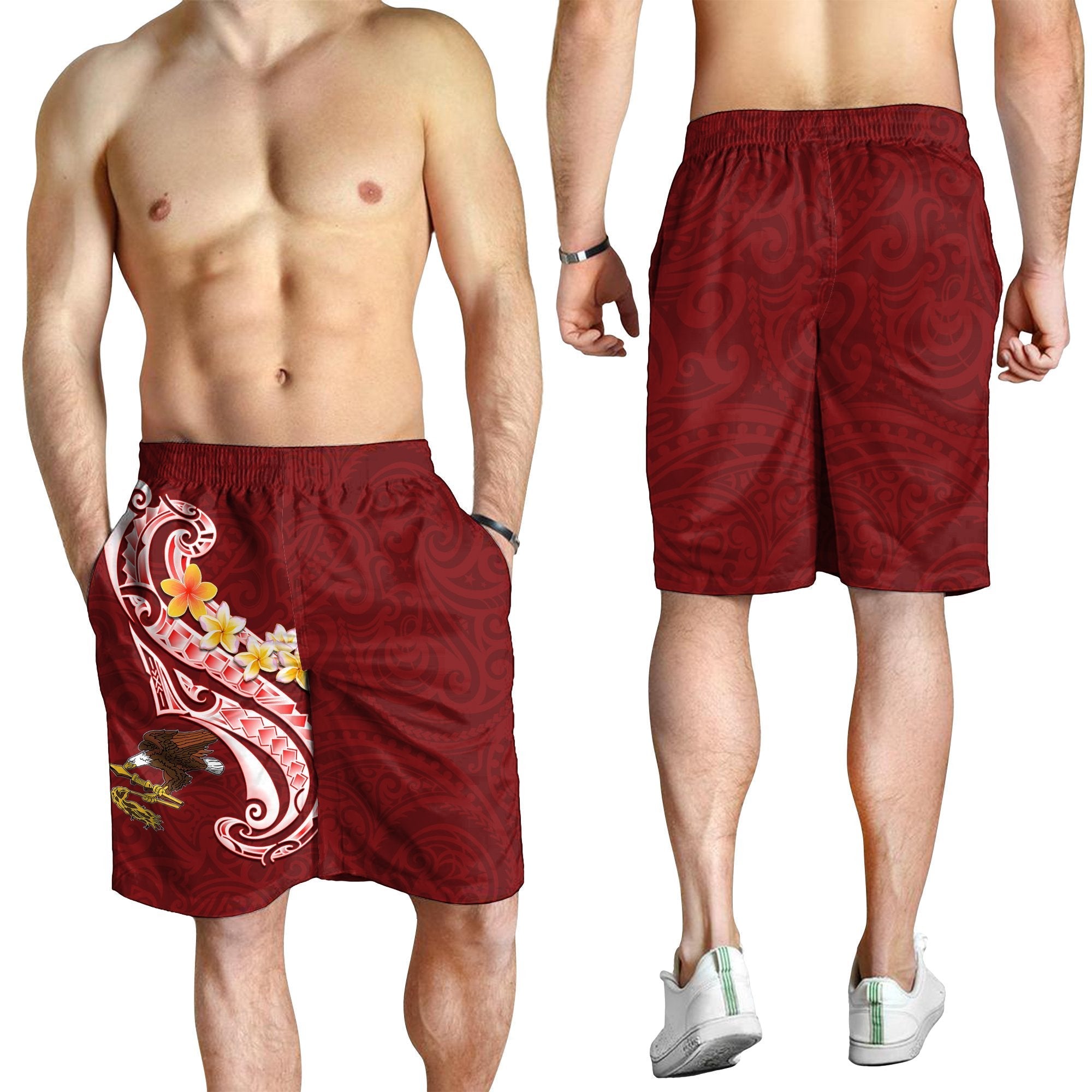 American Samoa Men's Shorts - AS Seal Polynesian Patterns Plumeria - Vibe Hoodie Shop