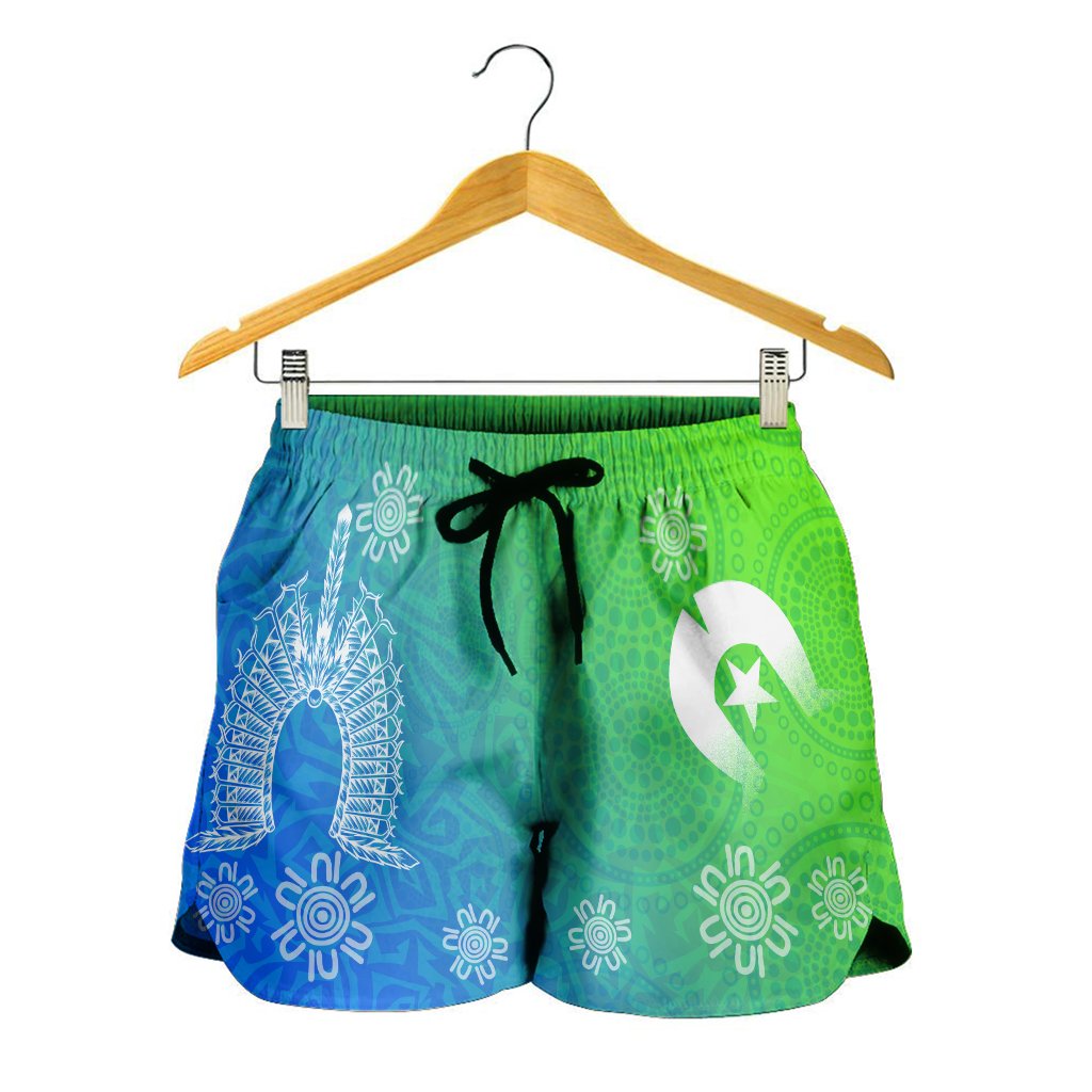 torres-strait-islander-womens-shorts-dhari-mask-ocean-style