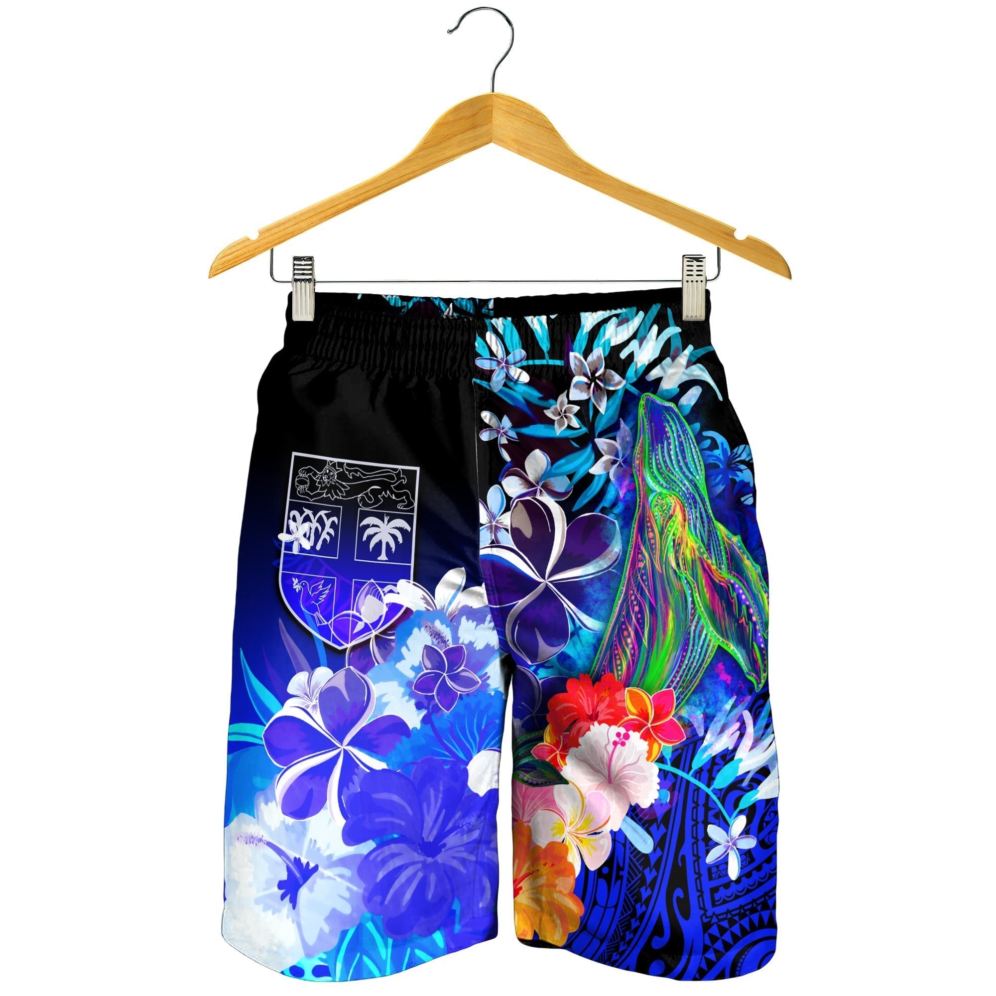 Fiji Men's Shorts - Humpback Whale with Tropical Flowers (Blue) - Vibe Hoodie Shop