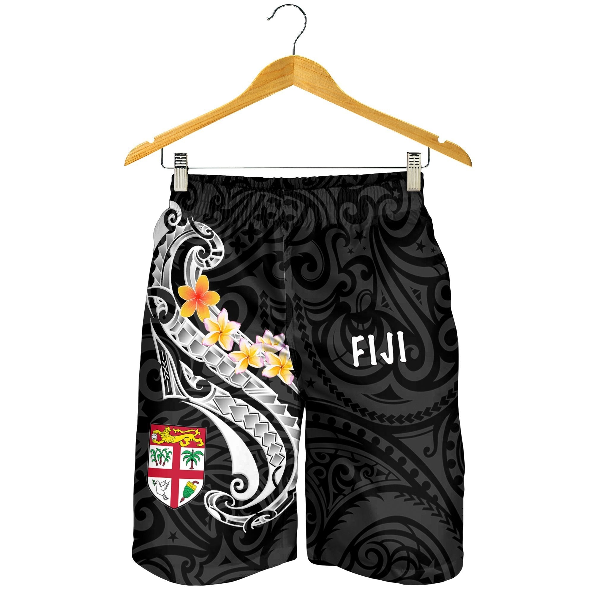 Fiji Men's Short - Fiji Seal Polynesian Patterns Plumeria (Black) - Vibe Hoodie Shop