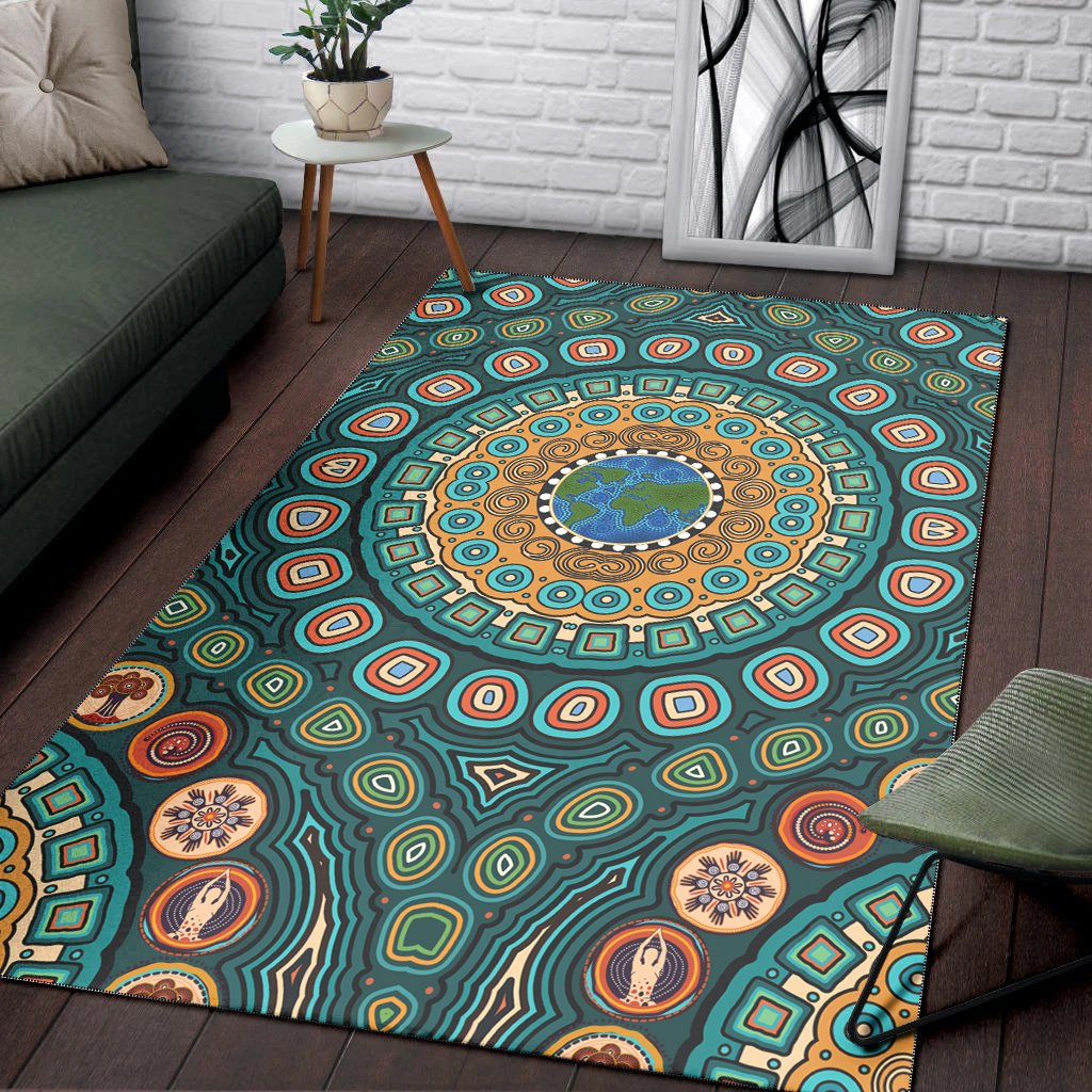 Area Rug - Aboriginal Green Dot Painting With Earth - Vibe Hoodie Shop