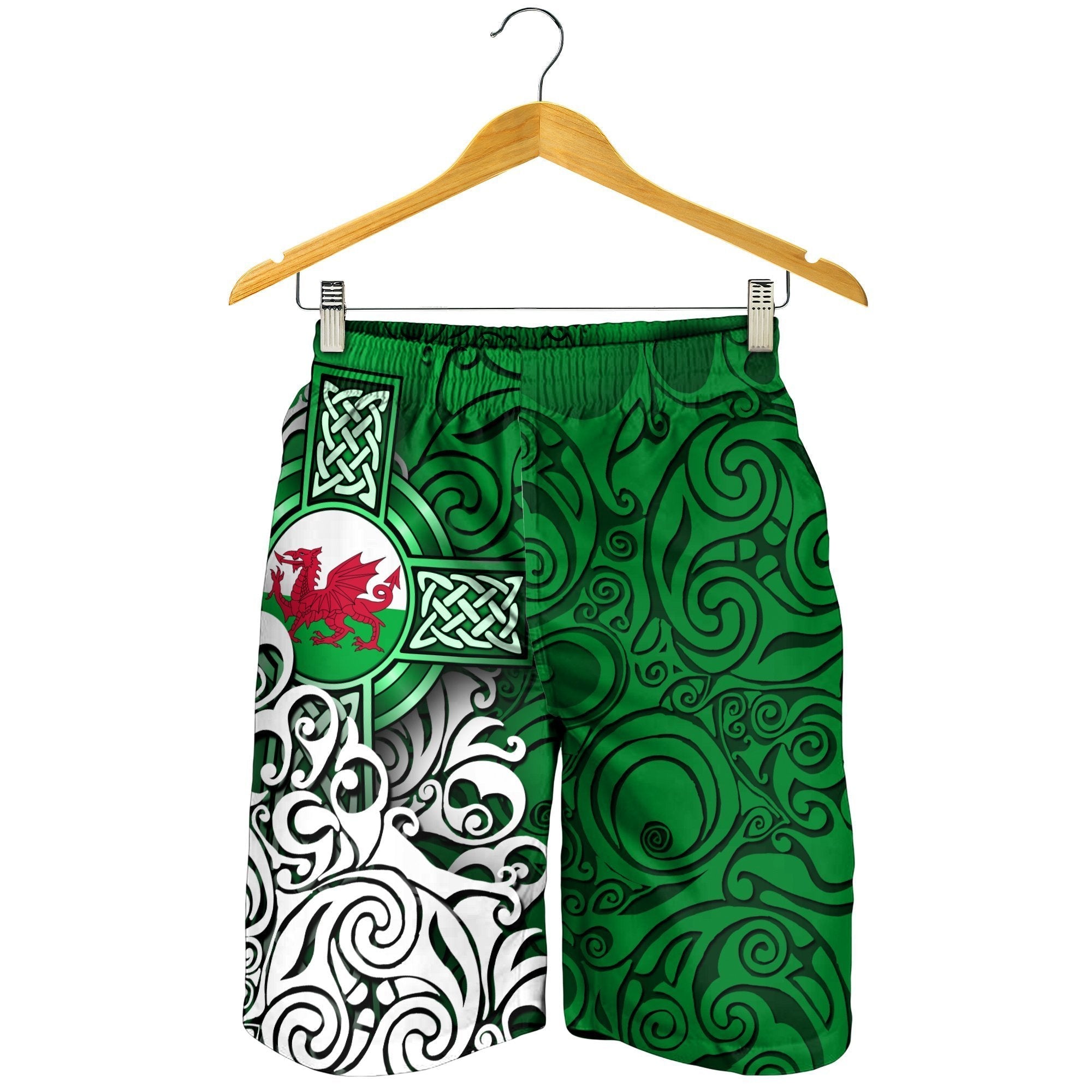 Wales Celtic Men Short - Welsh Dragon Flag with Celtic Cross (Green) - Vibe Hoodie Shop