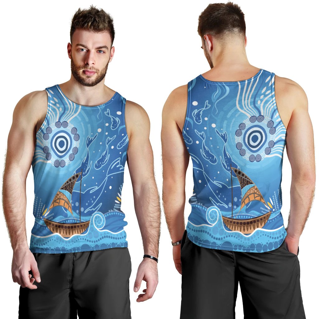 Men Tank Top - Aboriginal View Sea With Fish And Boat - Vibe Hoodie Shop