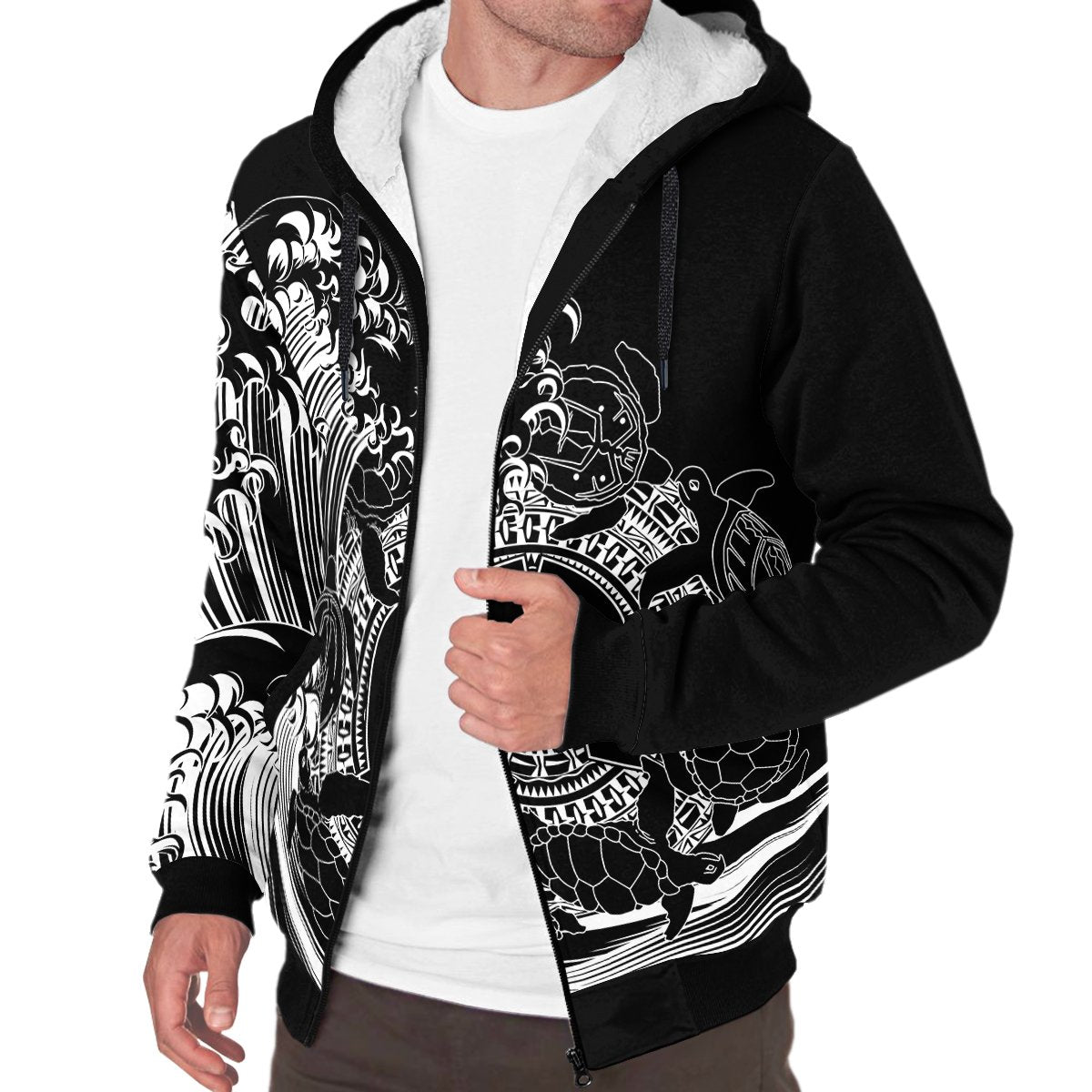 Aboriginal Sherpa Hoodie, Torres Strait Islands in Wave (Black) - Vibe Hoodie Shop