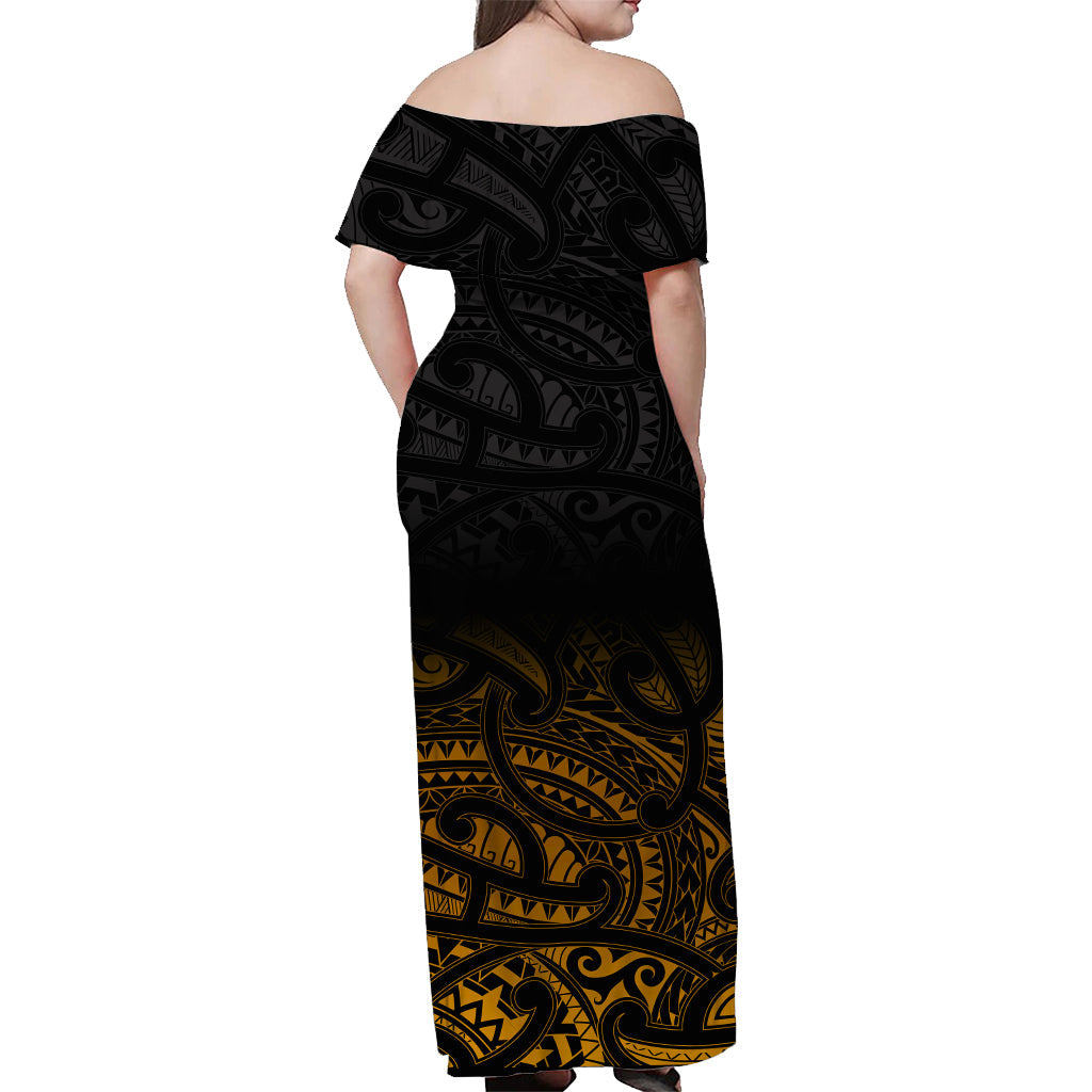 (Custom Personalised) New Zealand Off Shoulder Long Dress Maori Pattern Gold - Vibe Hoodie Shop