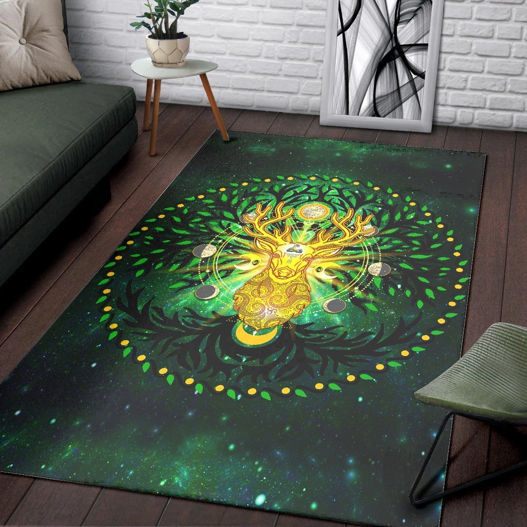 Celtic Pagan Deer Area Rug - Moon Phases Deer with Tree of Life - Vibe Hoodie Shop