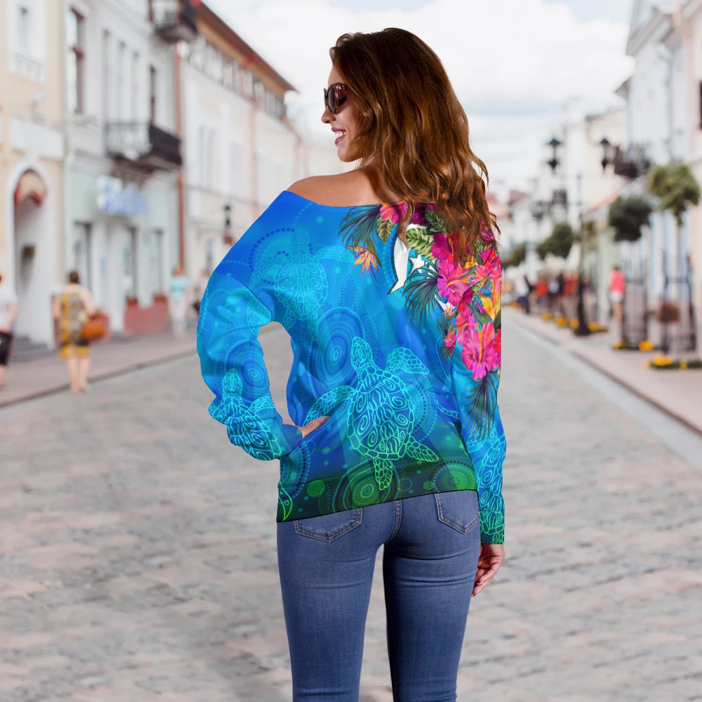 Women Off Shoulder - Torres Strait Blue Sea With Hibiscus - Vibe Hoodie Shop