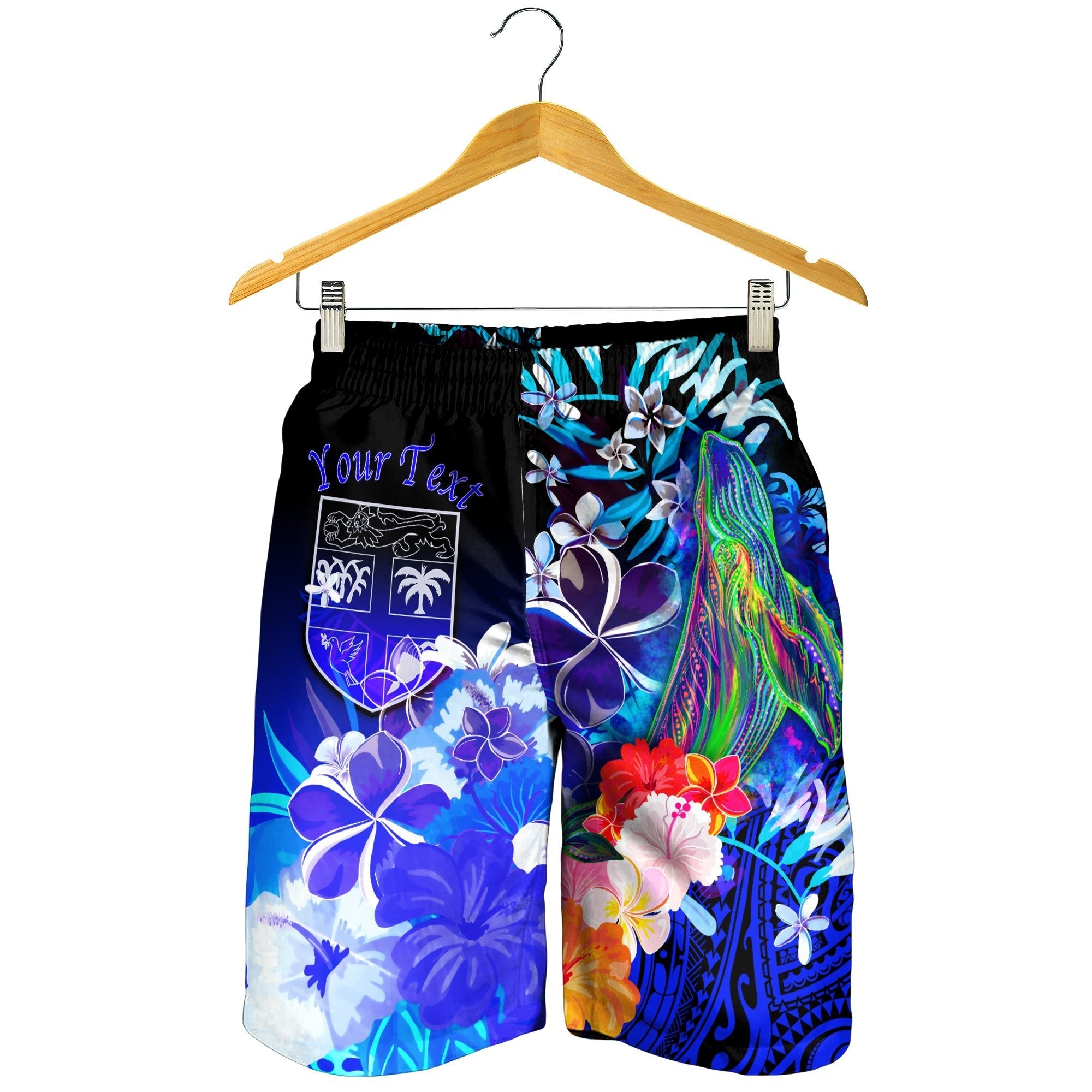 Fiji Custom Personalised Men's Shorts - Humpback Whale with Tropical Flowers (Blue) - Vibe Hoodie Shop