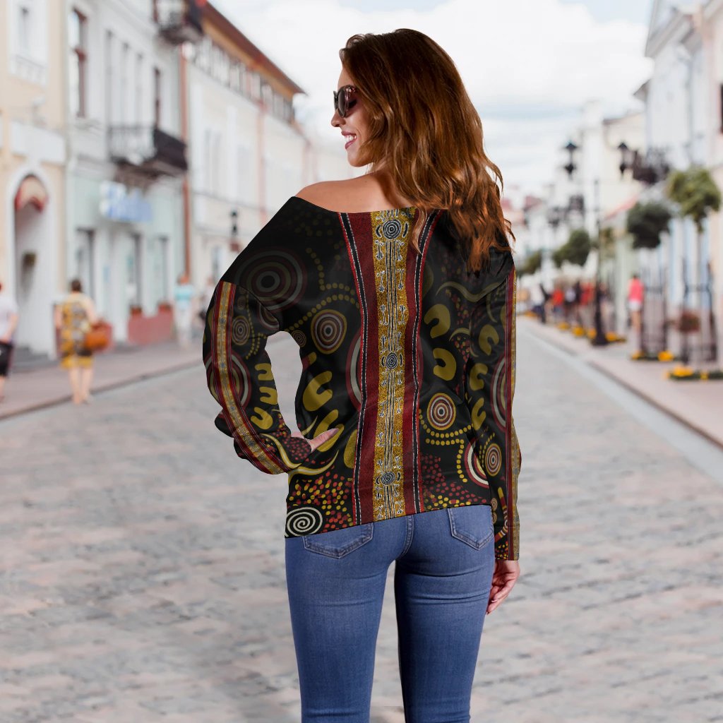 Women Off Shoulder - Aboriginal Dot Panting Art Stripe Lines - Vibe Hoodie Shop