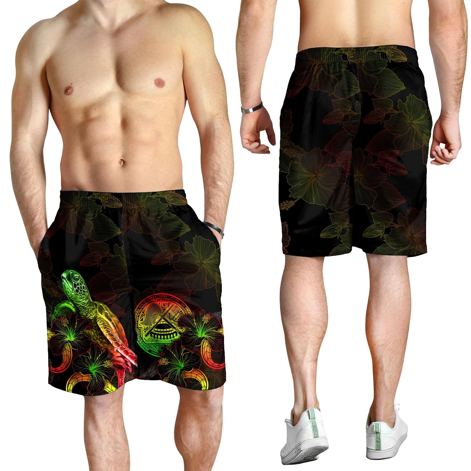 American Samoa Polynesian Men's Shorts - Turtle With Blooming Hibiscus Reggae - Vibe Hoodie Shop