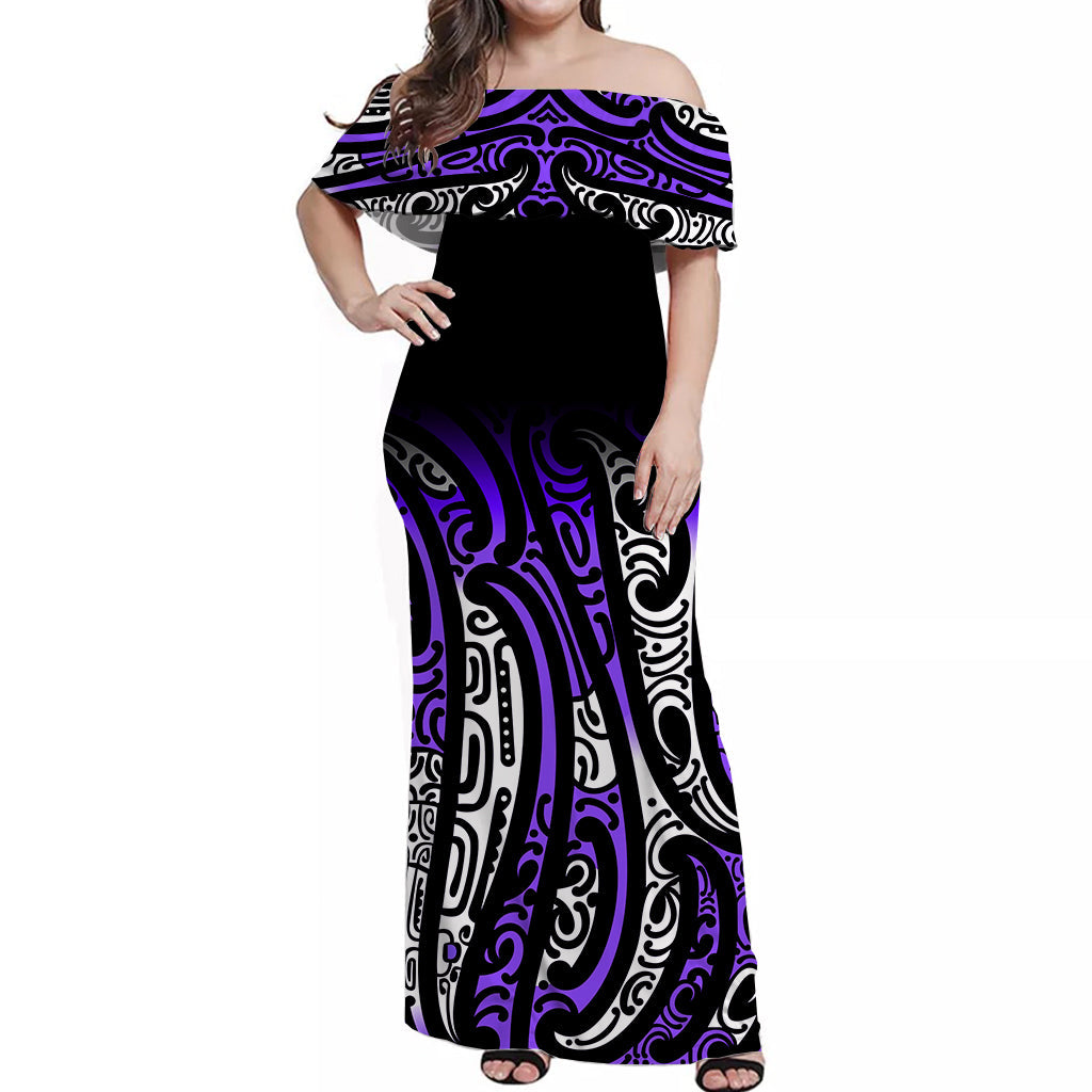 New Zealand Off Shoulder Long Dress Maori NZ Unique Purple - Vibe Hoodie Shop