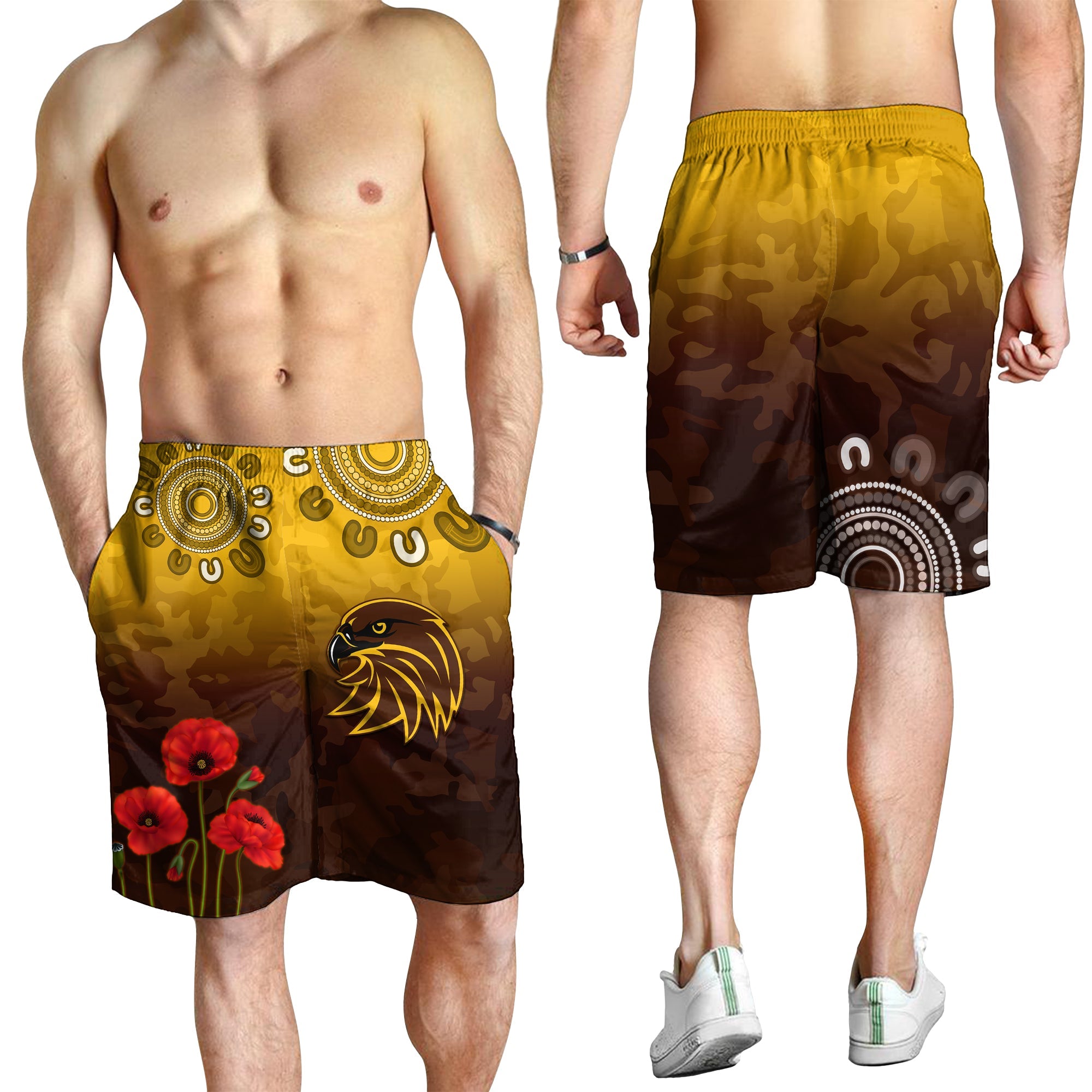 Hawks ANZAC 2022 Men Shorts Hawthorn Football Aboriginal Poppy - Vibe Hoodie Shop