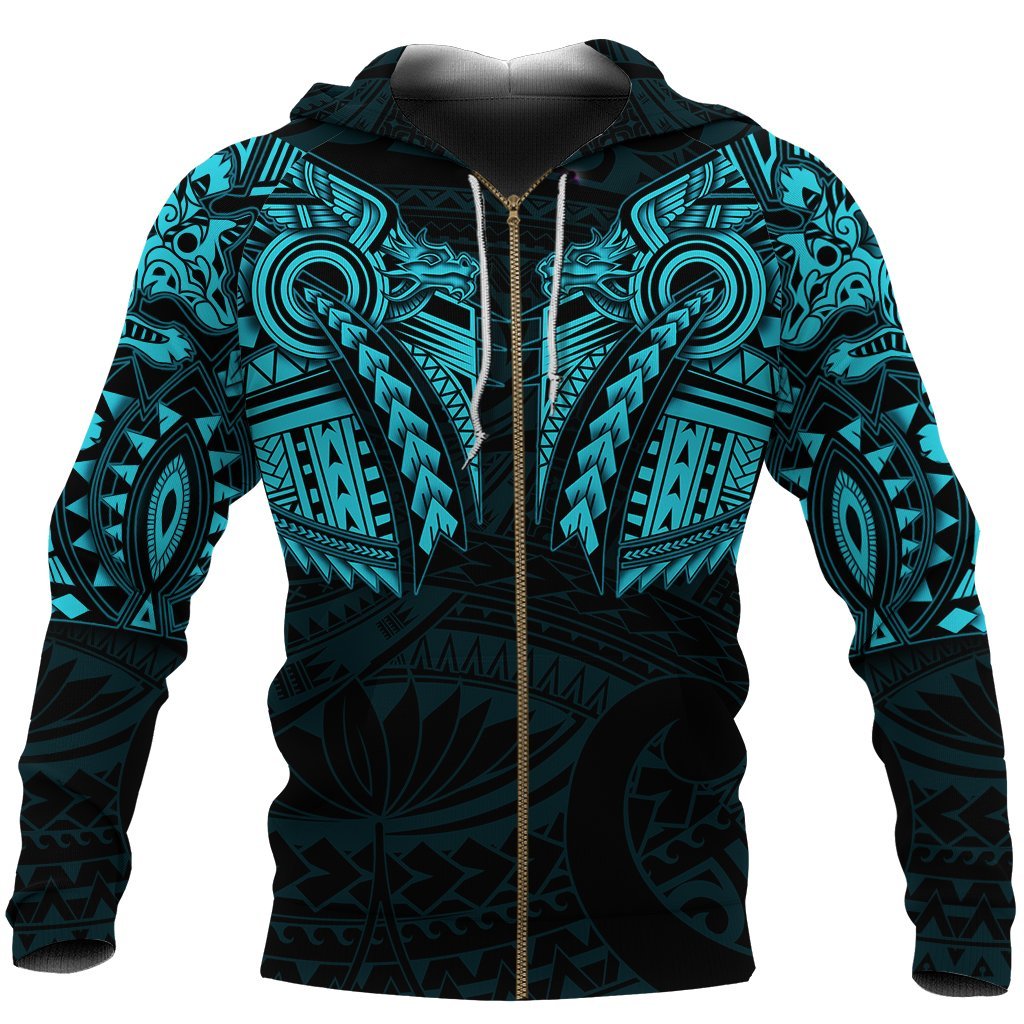 New Zealand Zip Up Hoodie, Maori Tattoo Wolf Dragon Zipper Hoodie - Blue K4 Merchize - Vibe Hoodie Shop