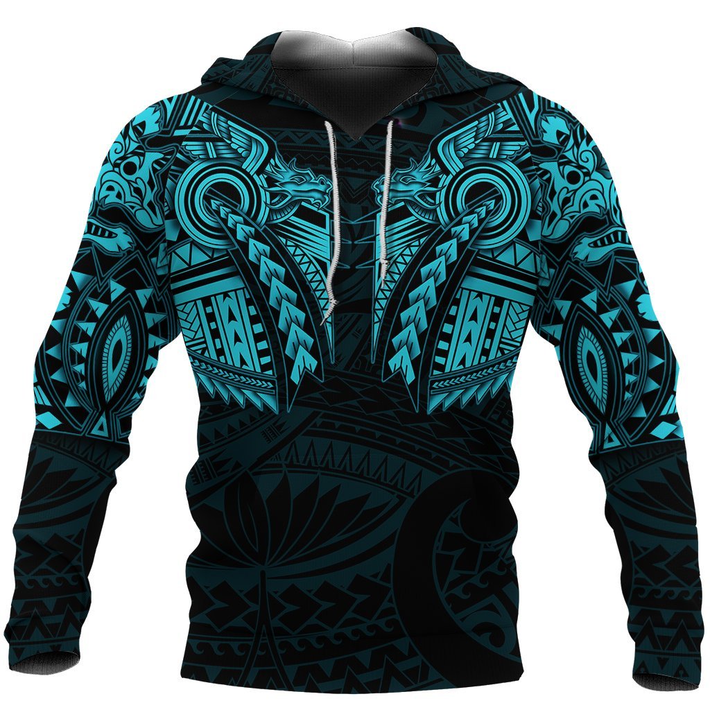 New Zealand Hoodie, Maori Tattoo Wolf Dragon Pullover Hoodie - Blue - Vibe Hoodie Shop