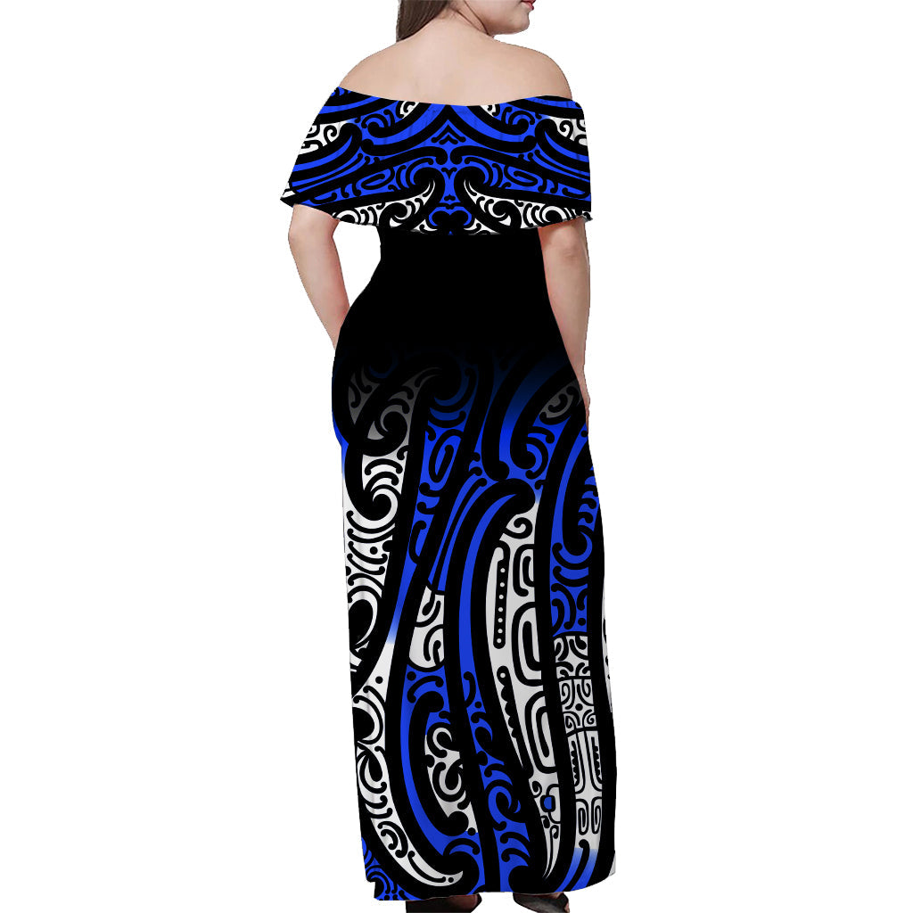 New Zealand Off Shoulder Long Dress Maori NZ Unique Blue - Vibe Hoodie Shop