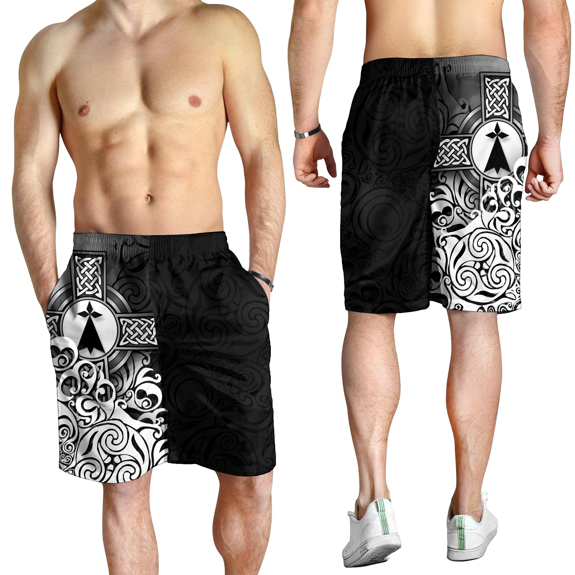 Brittany Celtic Men's Shorts - Bretagne Stoat Ermine With Celtic Cross - Vibe Hoodie Shop