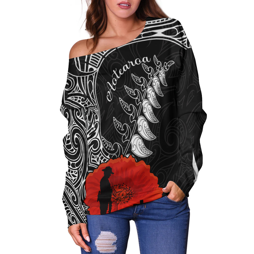 New Zealand ANZAC 2022 Women Off Shoulder Maori Mix Fern Poppy - Vibe Hoodie Shop