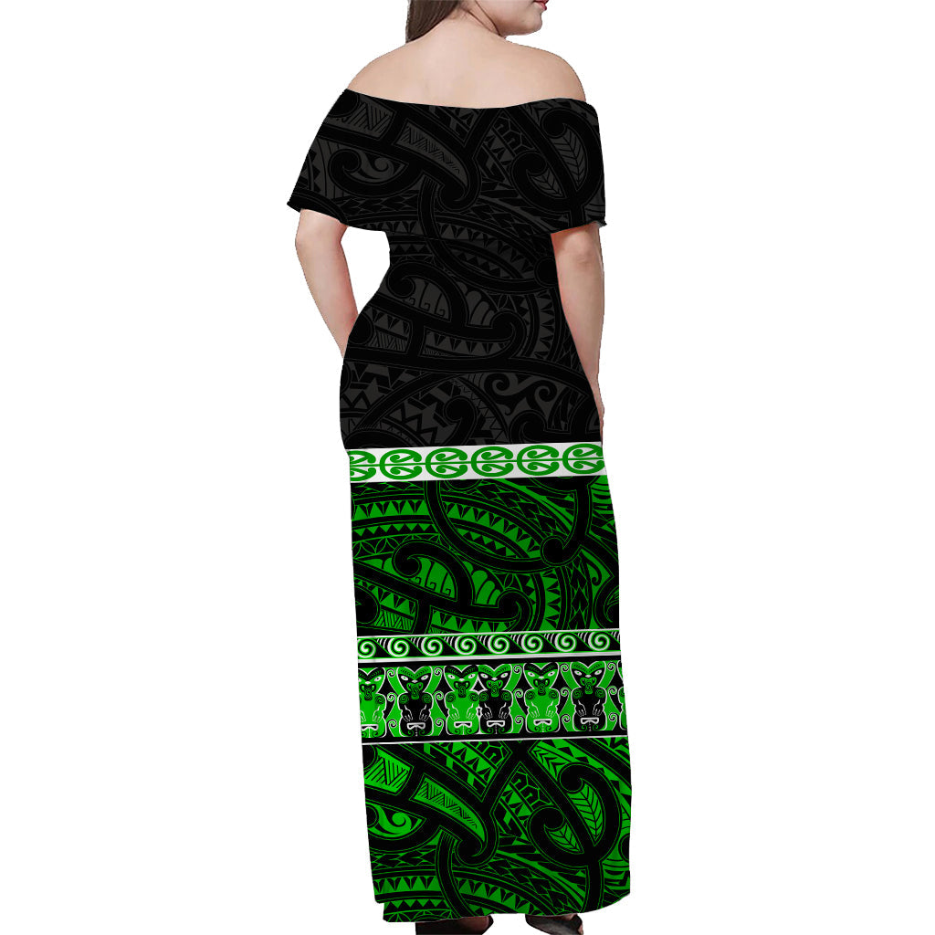 (Custom Personalised) New Zealand Off Shoulder Long Dress Maori Simple Green - Vibe Hoodie Shop