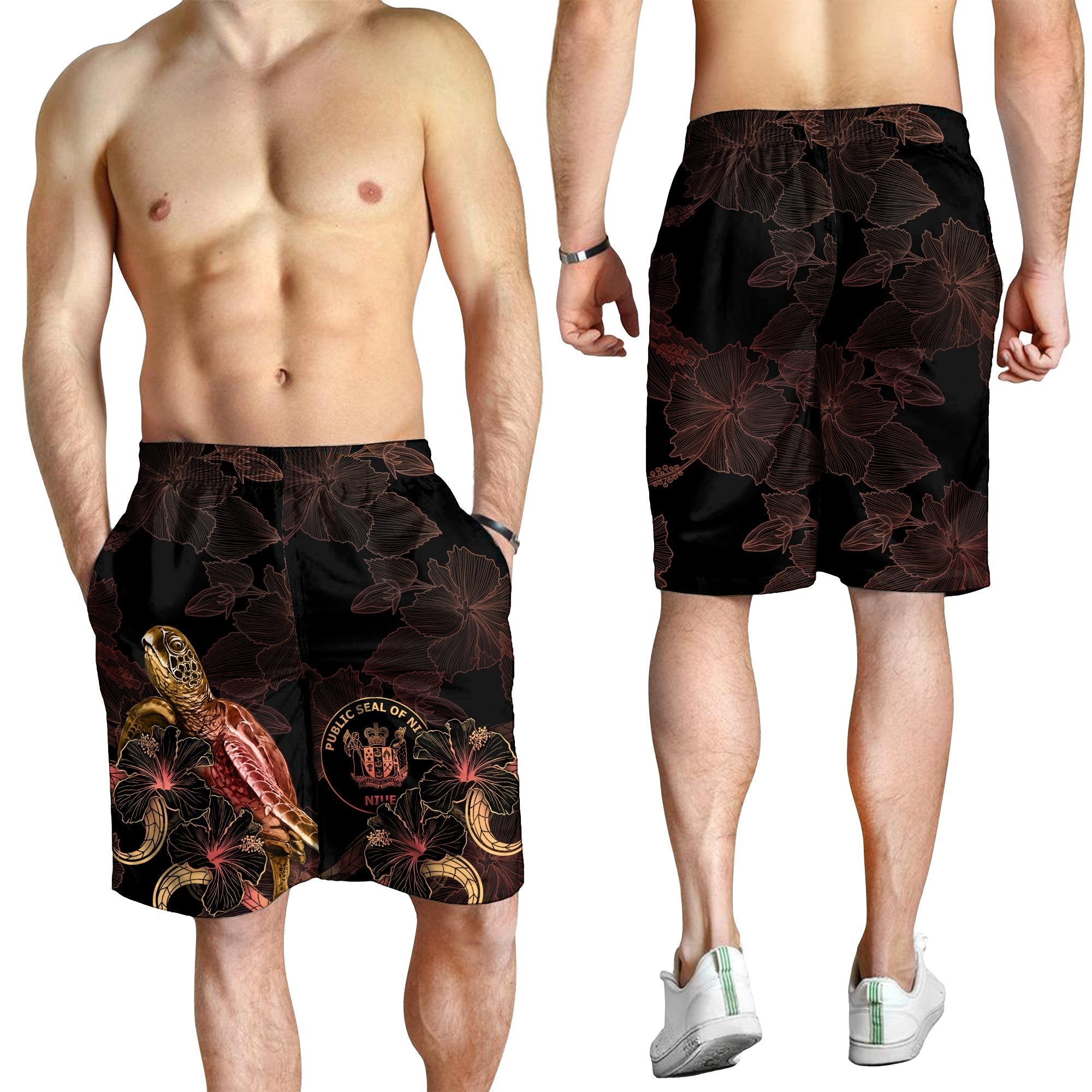 Niue Polynesian Men's Shorts - Turtle With Blooming Hibiscus Gold - Vibe Hoodie Shop