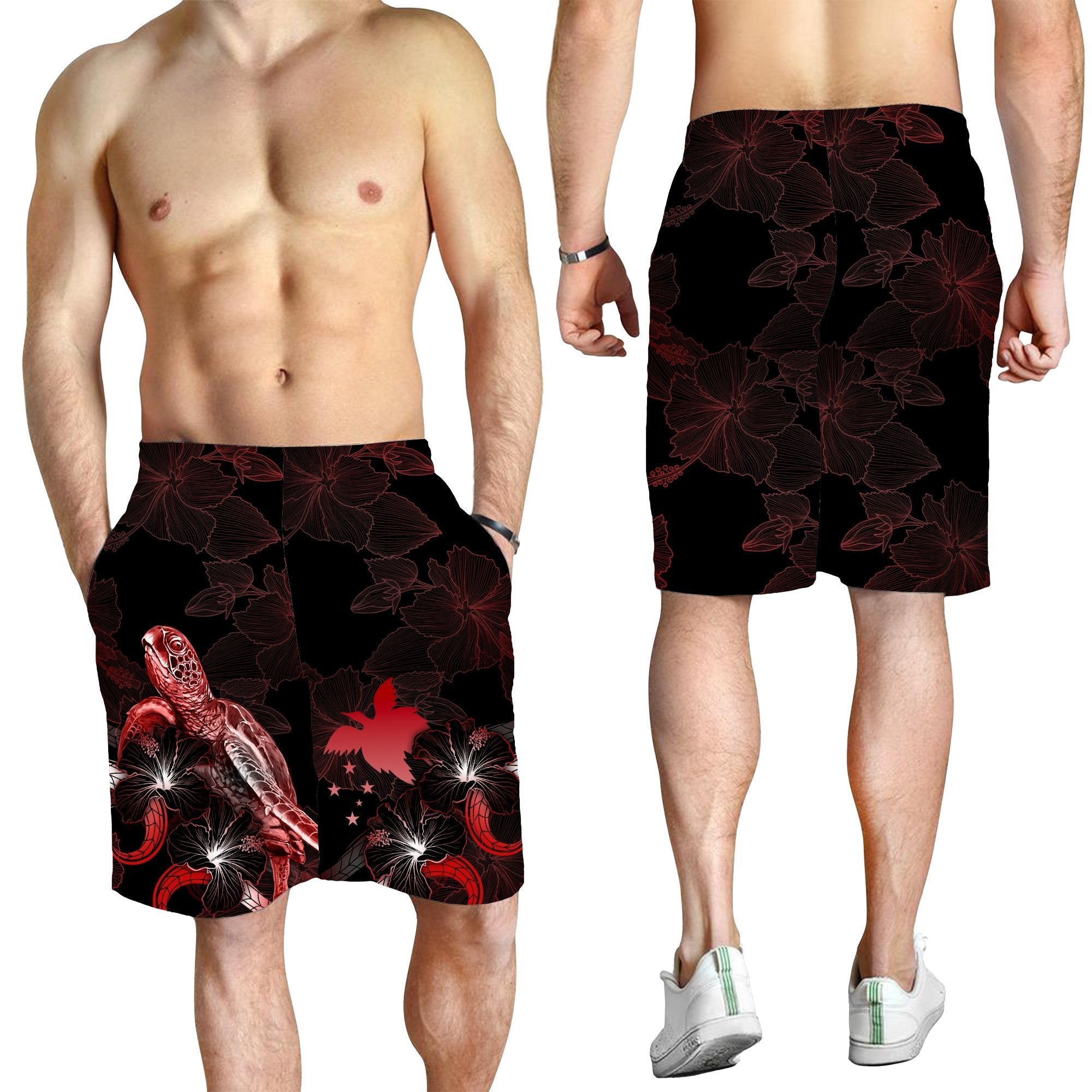 Papua New Guinea Polynesian Men's Shorts - Turtle With Blooming Hibiscus Red - Vibe Hoodie Shop