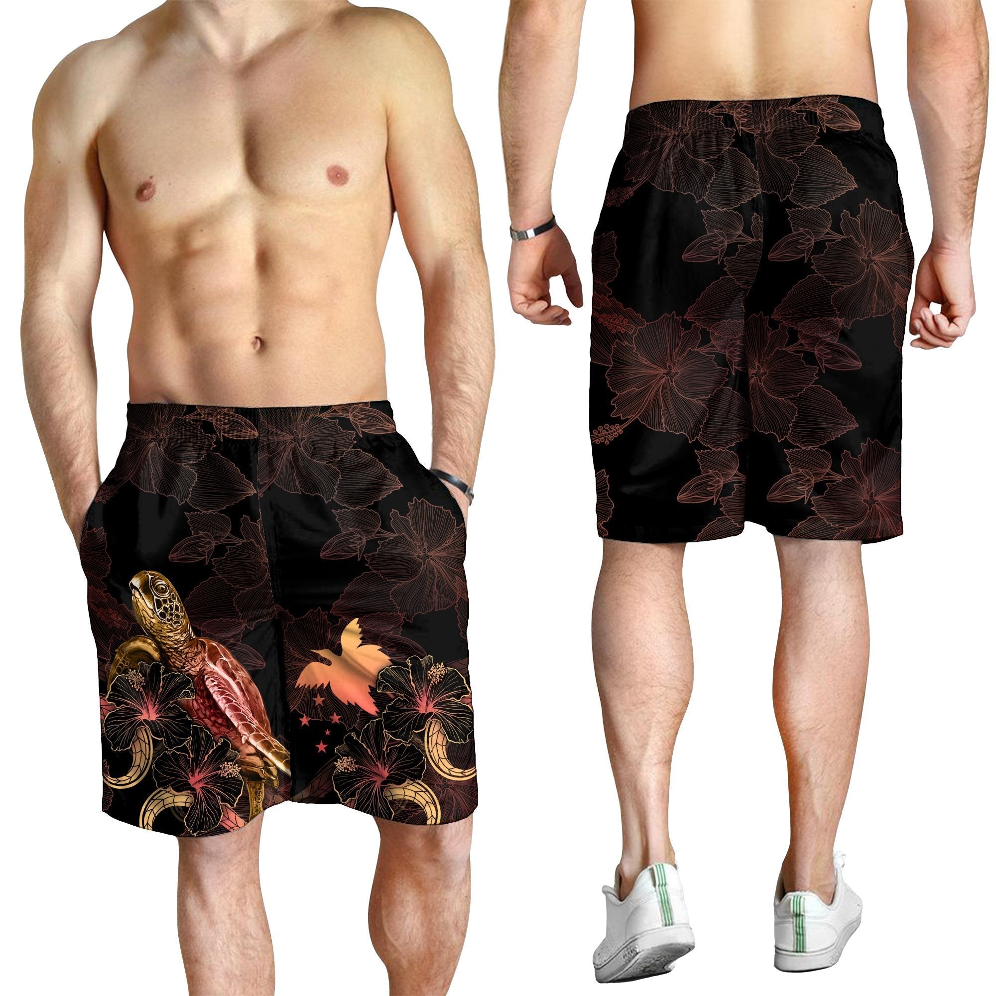 Papua New Guinea Polynesian Men's Shorts - Turtle With Blooming Hibiscus Gold - Vibe Hoodie Shop