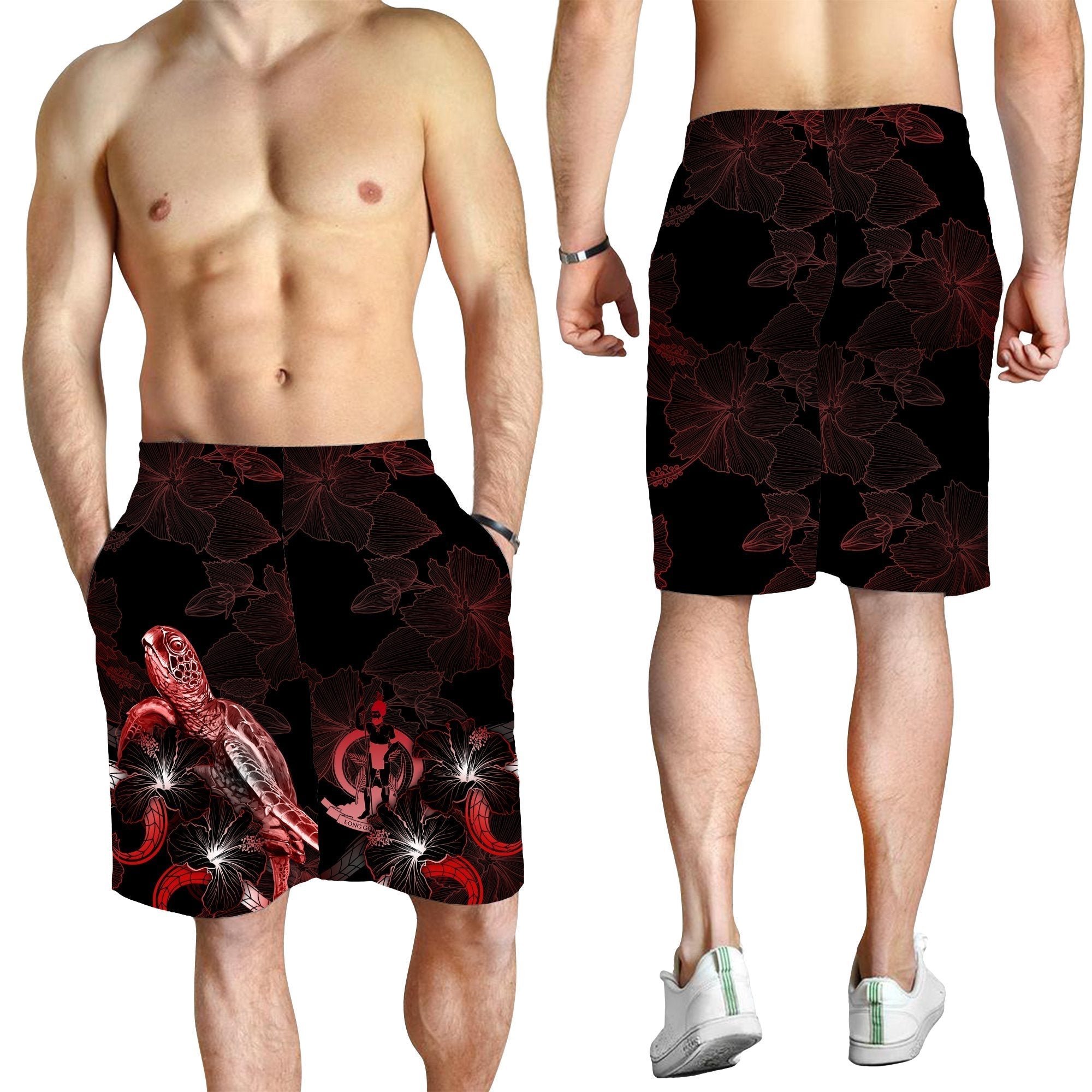 Vanuatu Polynesian Men's Shorts - Turtle With Blooming Hibiscus Red - Vibe Hoodie Shop