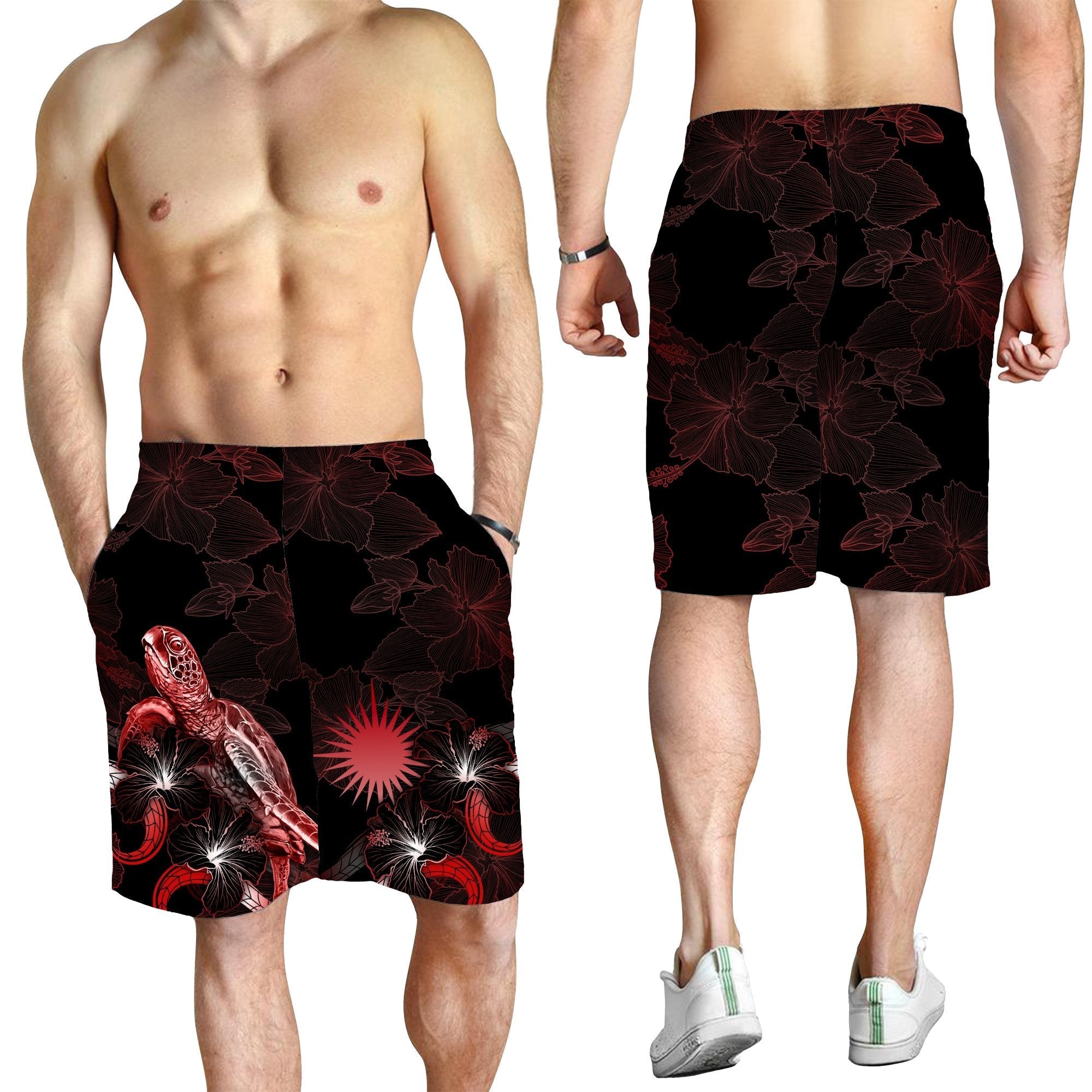 Marshall Islands Polynesian Men's Shorts - Turtle With Blooming Hibiscus Red - Vibe Hoodie Shop