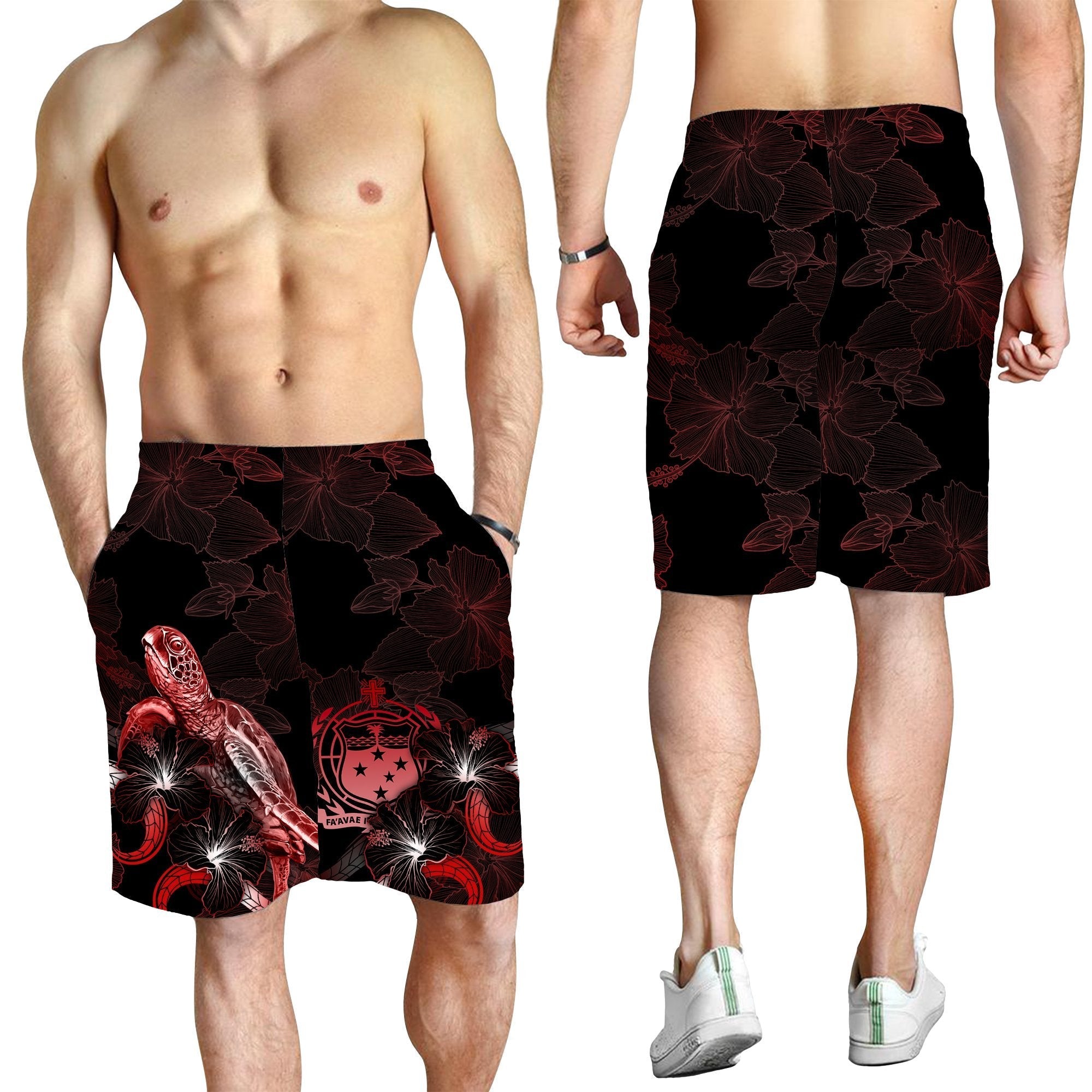 Samoa Polynesian Men's Shorts - Turtle With Blooming Hibiscus Red - Vibe Hoodie Shop