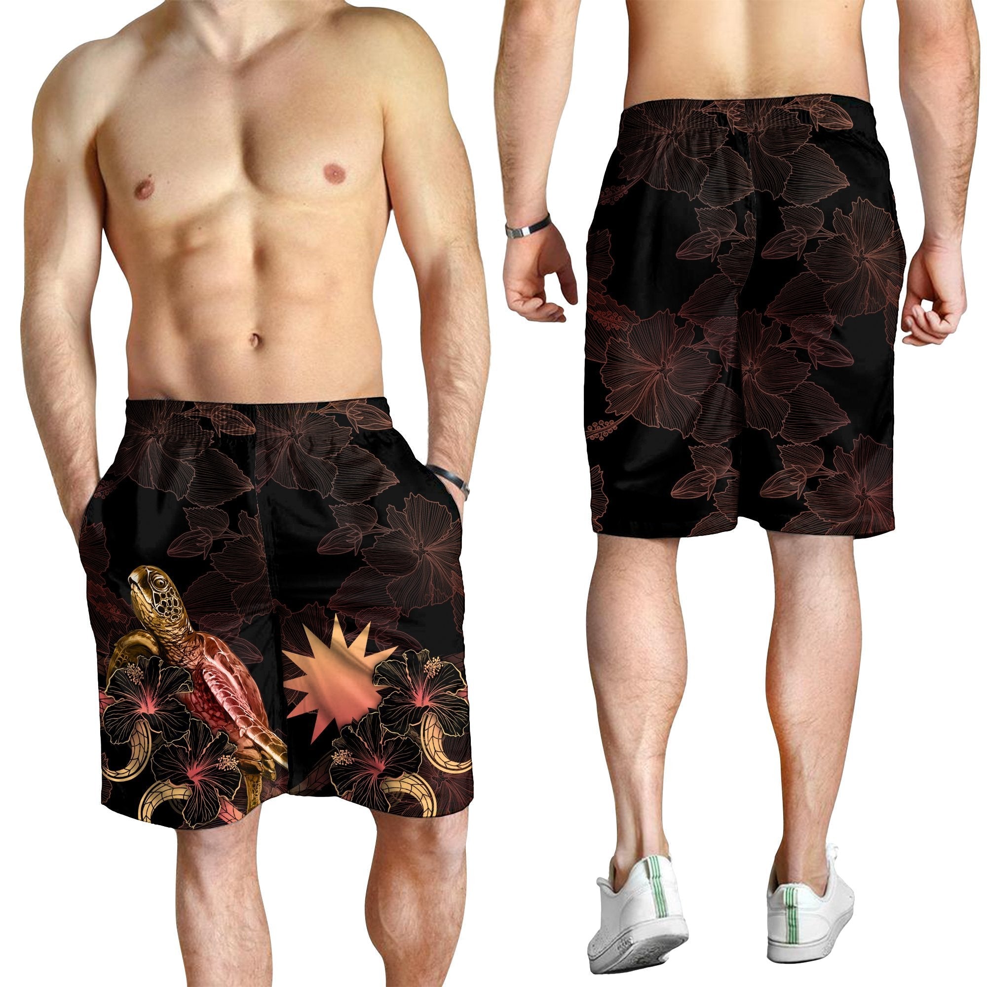 Nauru Polynesian Men's Shorts - Turtle With Blooming Hibiscus Gold - Vibe Hoodie Shop