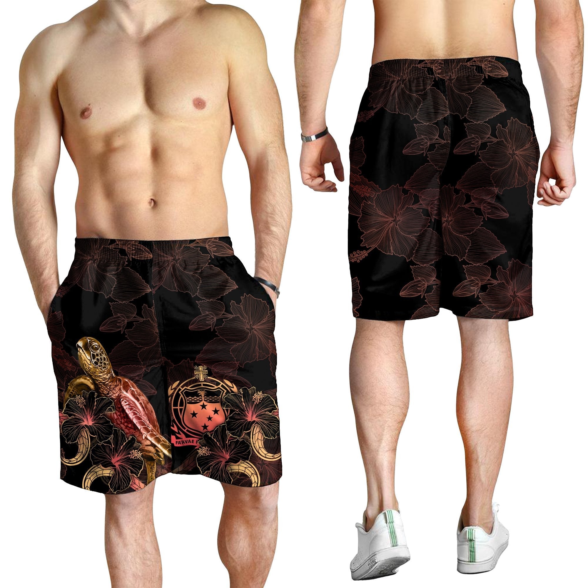 Samoa Polynesian Men's Shorts - Turtle With Blooming Hibiscus Gold - Vibe Hoodie Shop