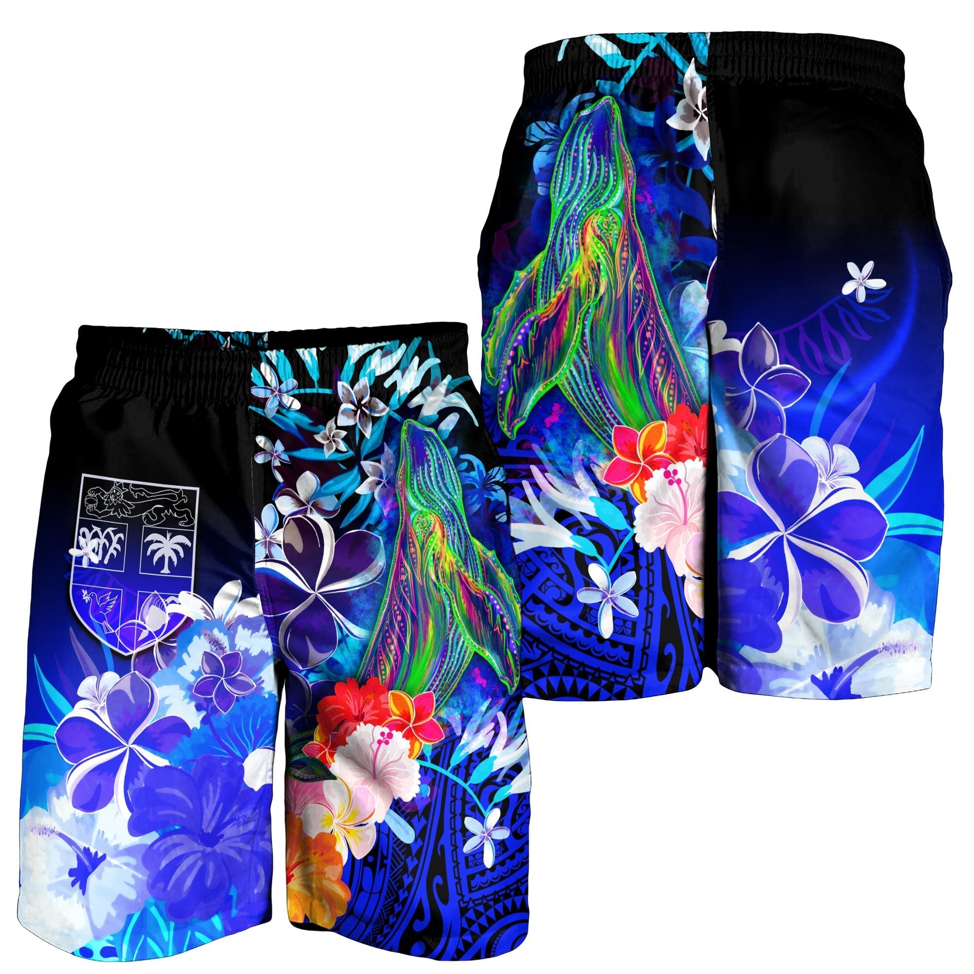 Fiji Men's Shorts - Humpback Whale with Tropical Flowers (Blue) - Vibe Hoodie Shop