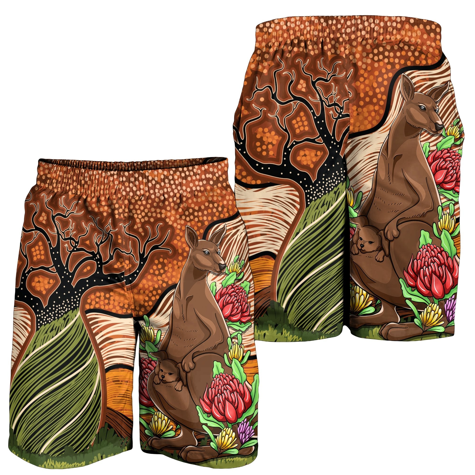 Aboriginal Men's Shorts - Kangaroo With Indigenous Tree - Vibe Hoodie Shop