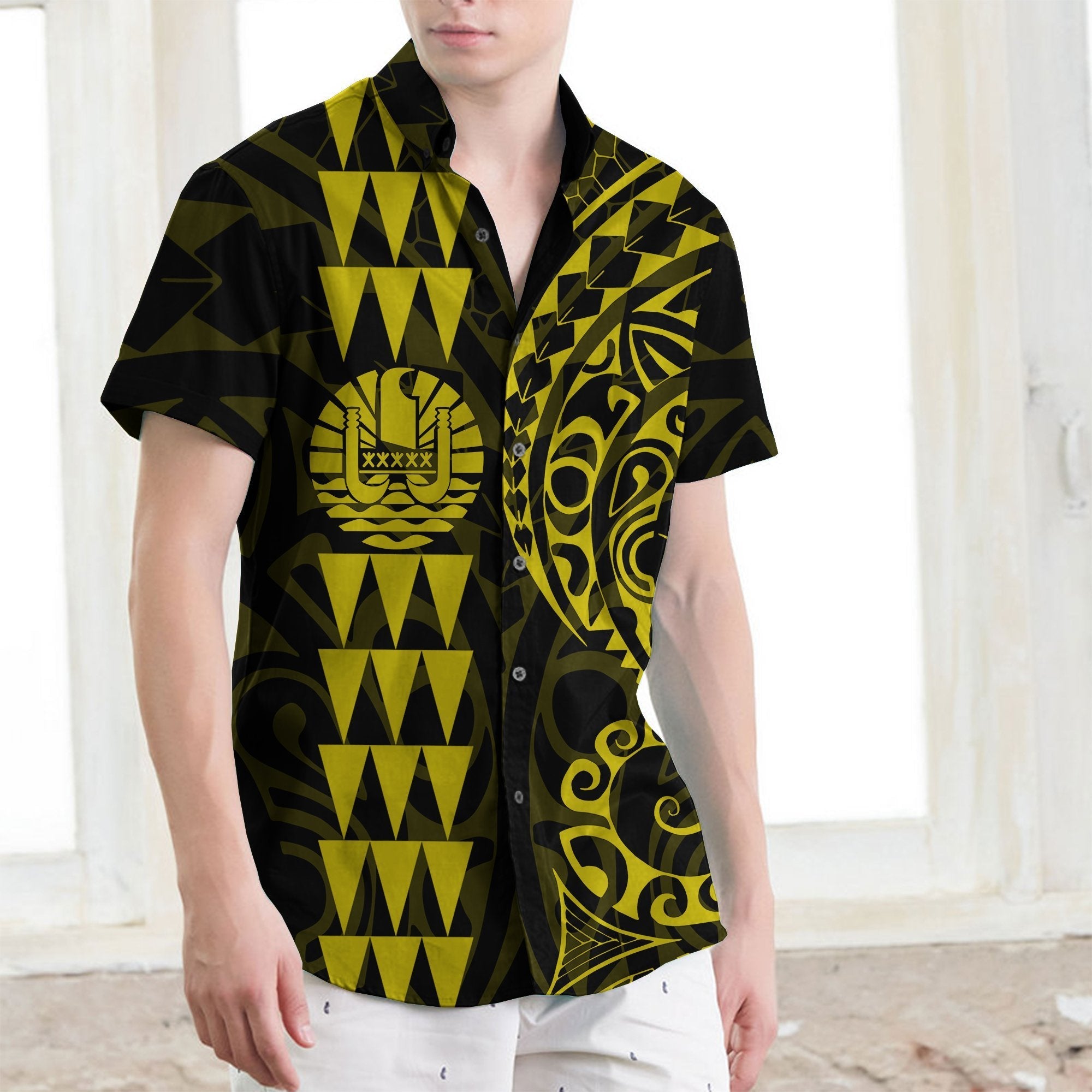 Tahiti Polynesian Short Sleeve Shirt Yellow - Vibe Hoodie Shop