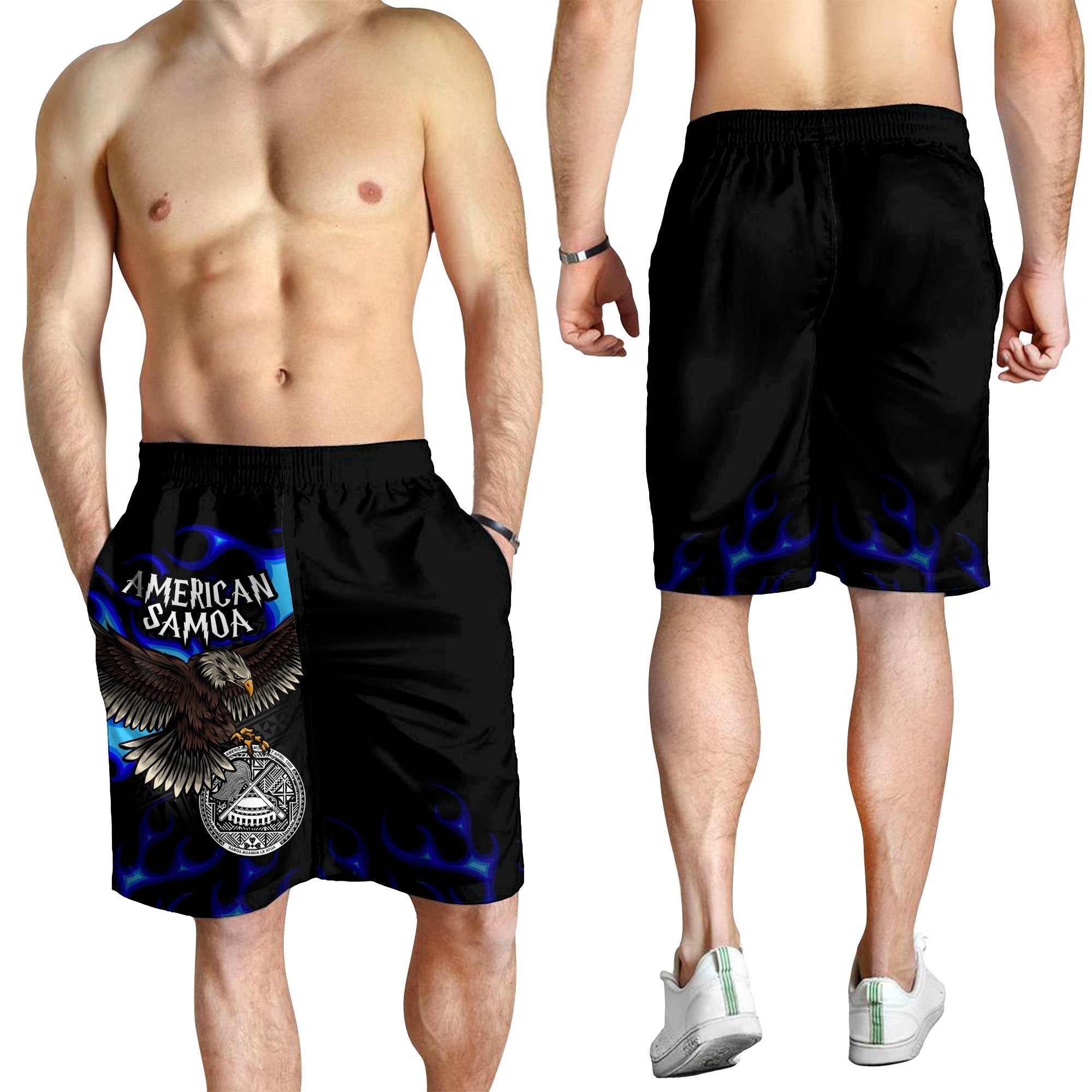 American Samoa Polynesian Men's Shorts - Eagle With Flame Blue - Vibe Hoodie Shop