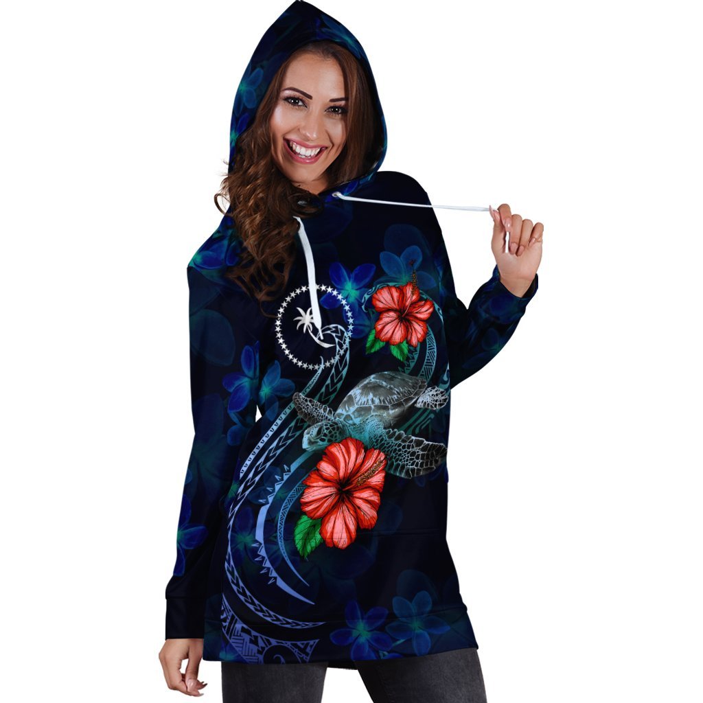 Chuuk Polynesian Hoodie Dress - Blue Turtle Hibiscus - Vibe Hoodie Shop