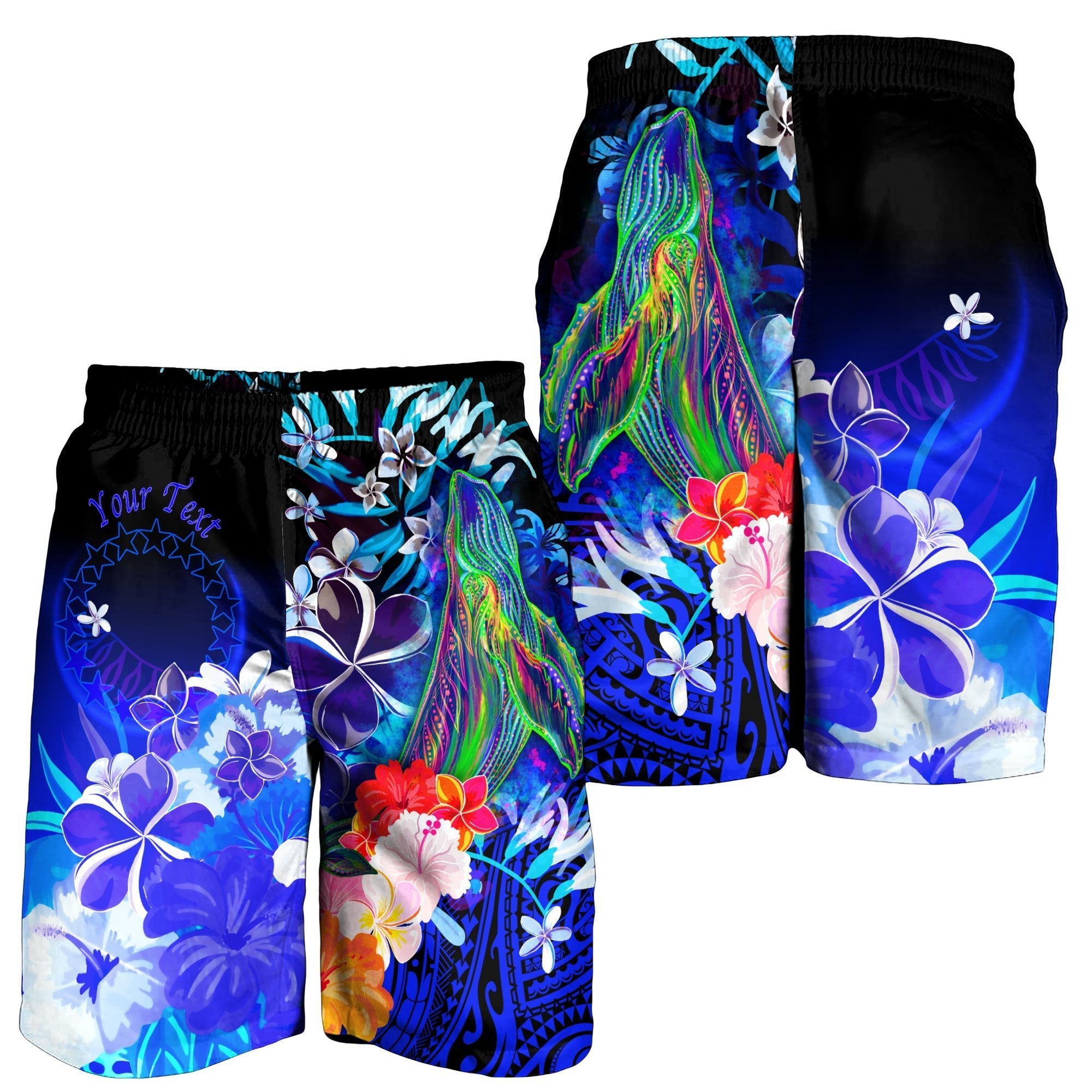 Cook Islands Custom Personalised Men's Shorts - Humpback Whale with Tropical Flowers (Blue) - Vibe Hoodie Shop