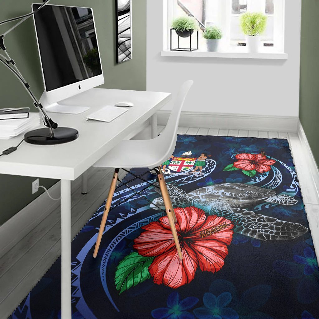 Fiji Polynesian Area Rug - Blue Turtle Hibiscus - Vibe Hoodie Shop