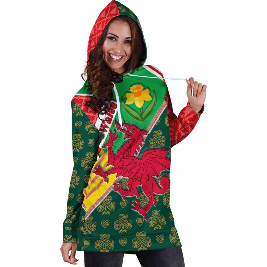 Celtic Wales Hoodie Dress - Cymru Dragon and Daffodils - Vibe Hoodie Shop