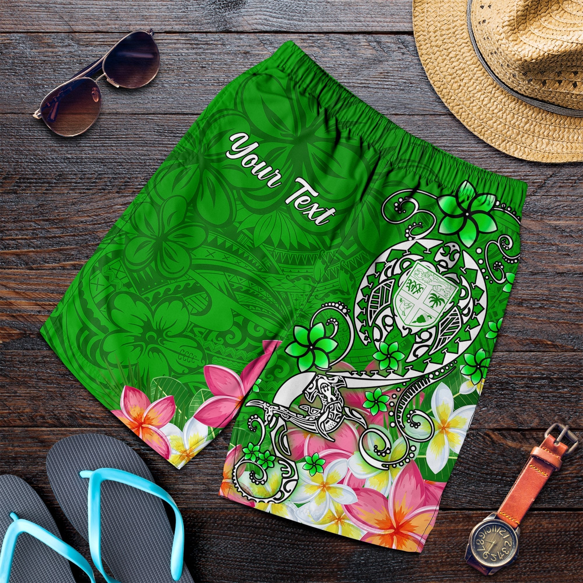 Fiji Custom Personalised Men's Shorts - Turtle Plumeria (Green) - Vibe Hoodie Shop