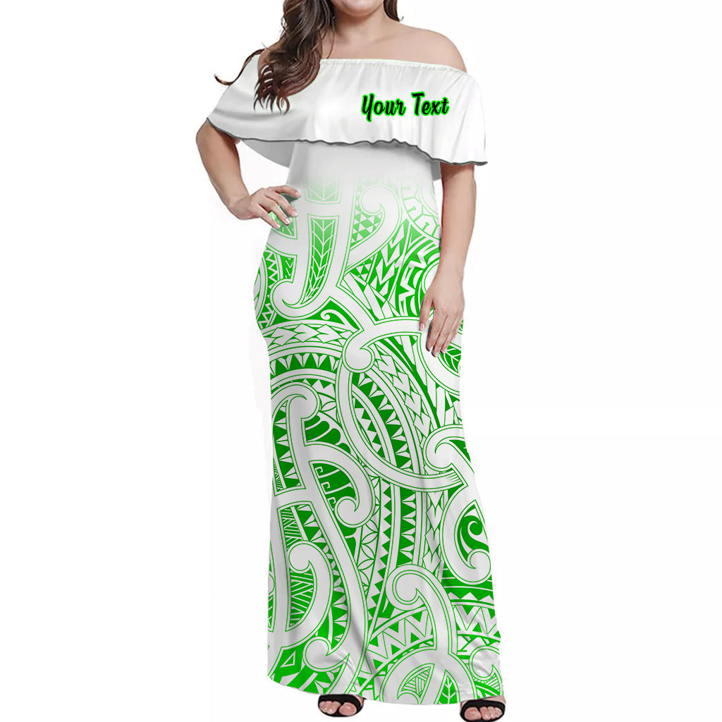 (Custom Personalised) New Zealand Off Shoulder Long Dress NZ Maori Green - Vibe Hoodie Shop