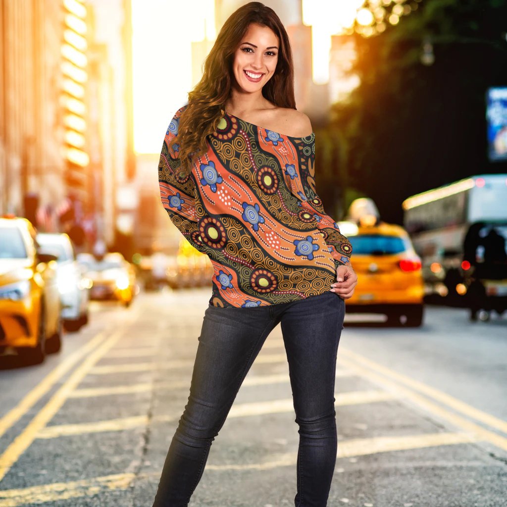 Off Shoulder Sweater - Aboriginal Dot Unique Style Turtle - Vibe Hoodie Shop