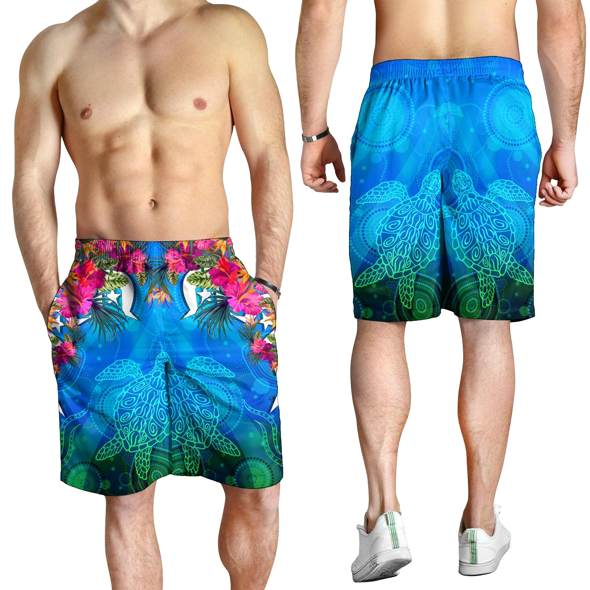 Men Short - Torres Strait Blue Sea With Hibiscus - Vibe Hoodie Shop