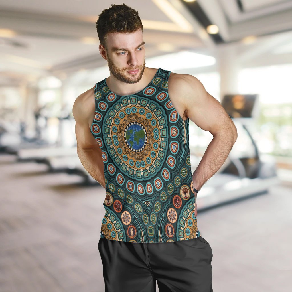 Men's Tank Top - Aboriginal Green Dot Painting With Earth - Vibe Hoodie Shop