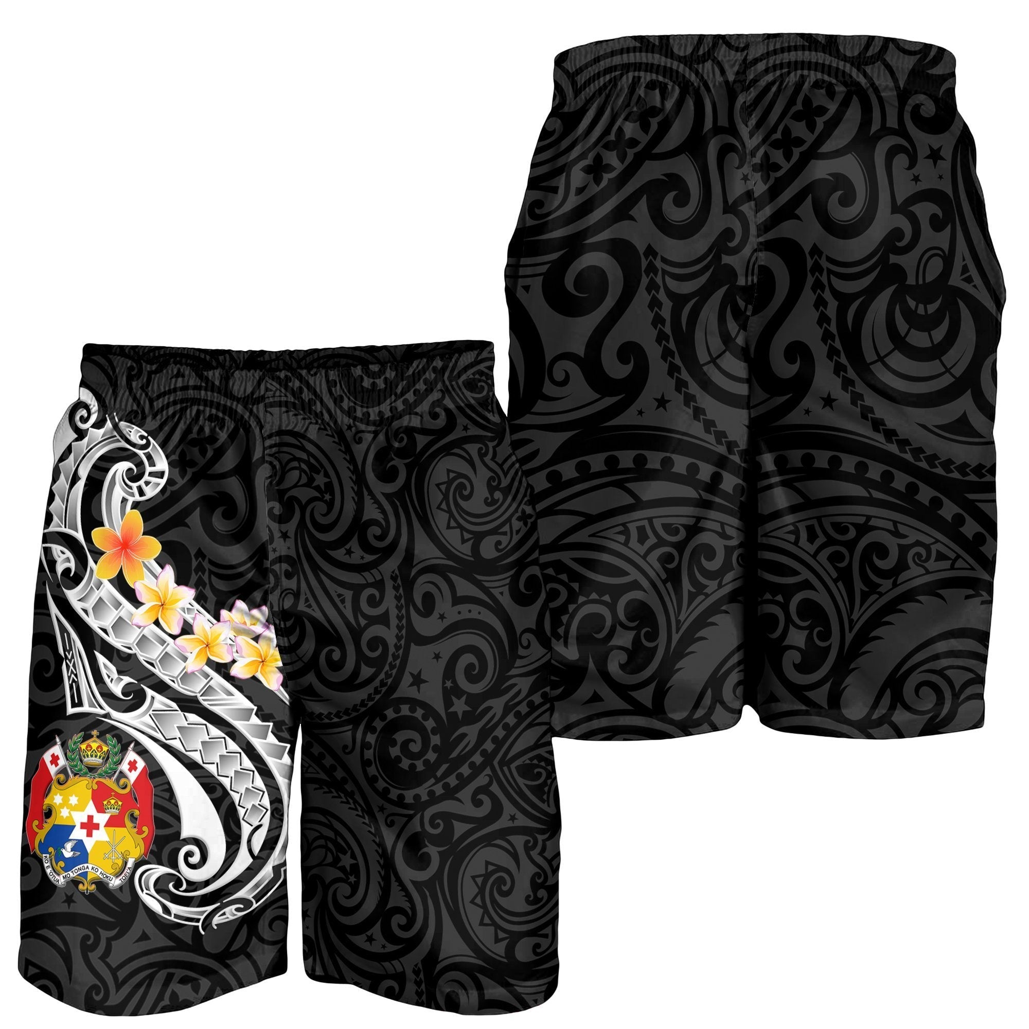 Tonga Men's Shorts - Tonga Seal Polynesian Patterns Plumeria (Black) - Vibe Hoodie Shop