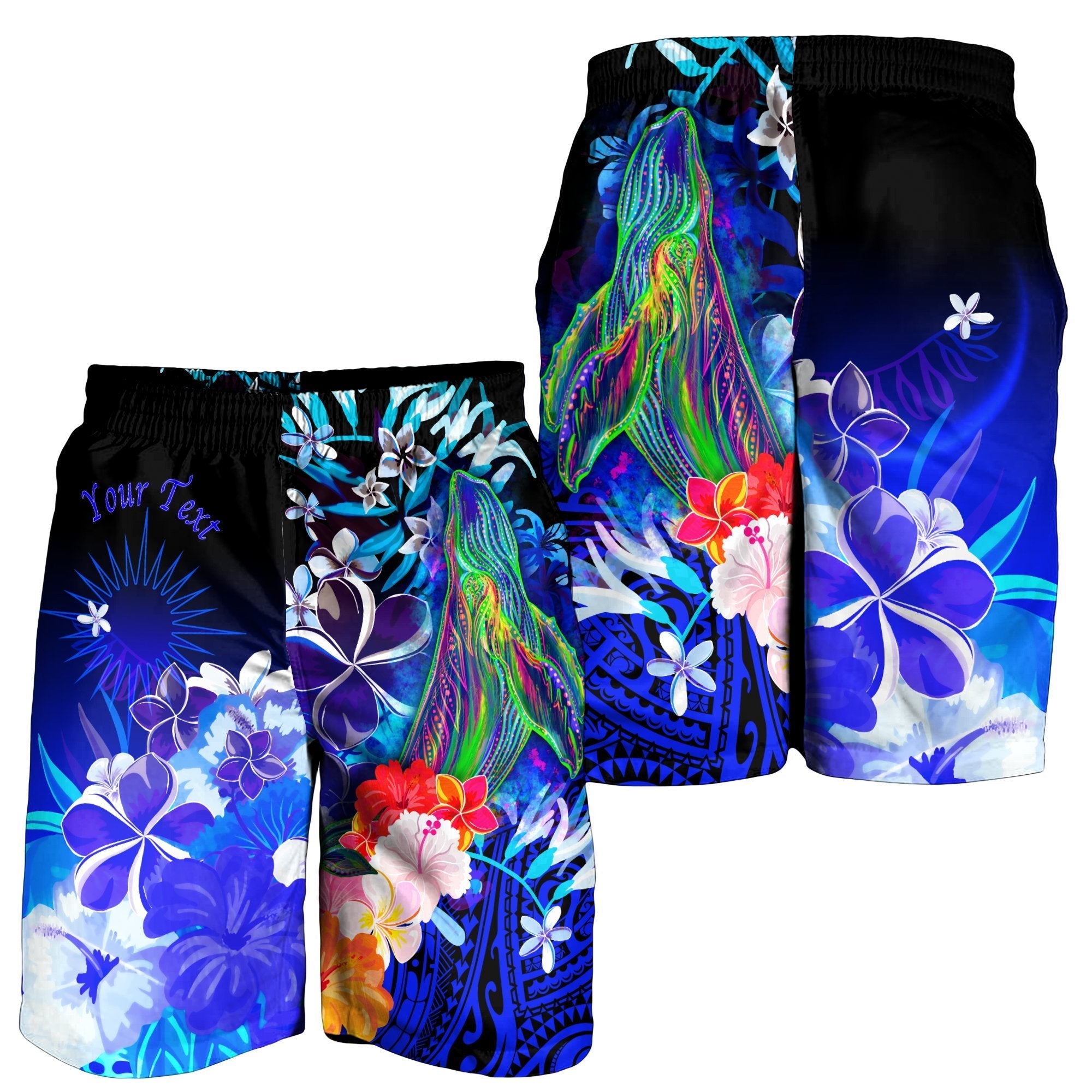 Marshall Islands Custom Personalised Men's Shorts - Humpback Whale with Tropical Flowers (Blue) - Vibe Hoodie Shop